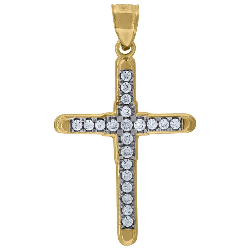 10K Two-Tone Gold Men's & Women's Cubic Zirconia CZ Cross Pendant Necklace - 35.3x19.6mm Religious Jewelry Gift - Perfect for Baptism, Confirmation, Christmas & Everyday Faith-Based Fashion