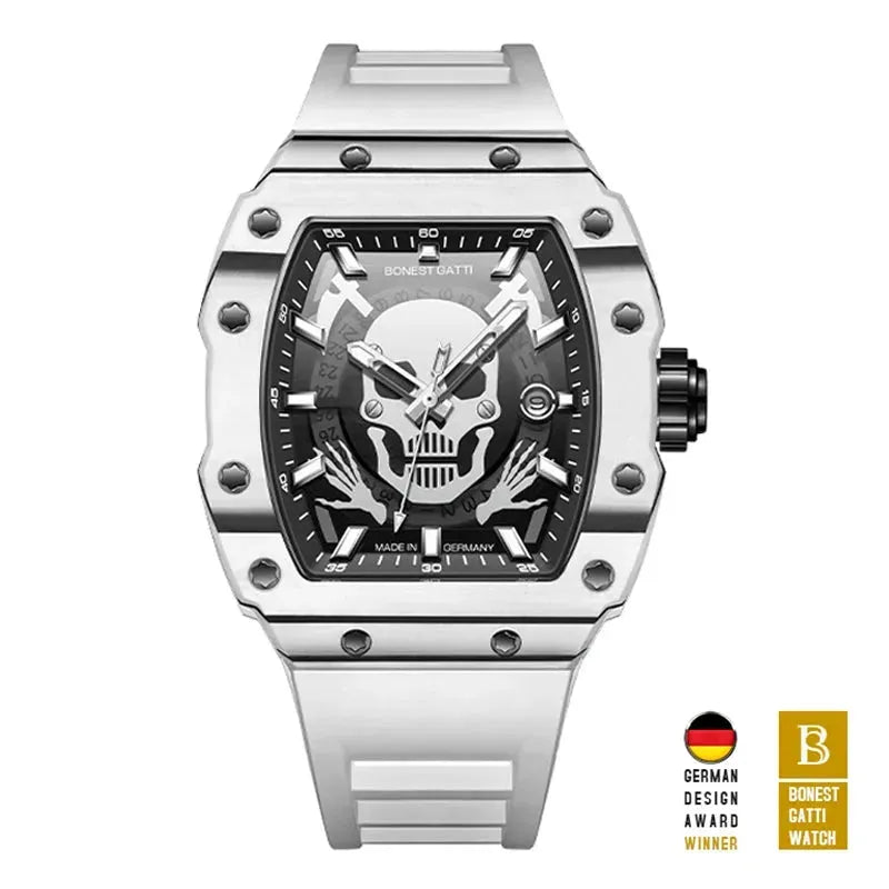 BONEST GATTI Men's Luxury Automatic Skeleton Watch - Tonneau Mechanical Wristwatch with Carbon Fiber Bezel, Titanium Case & Sapphire Crystal - Skull Design with Luminous Hands - Perfect for Business, Formal Events & Collector's Display