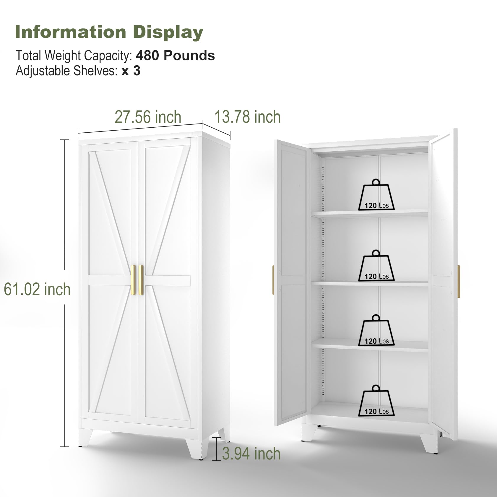 Farmhouse Style White Storage Cabinet with 2 Barn Doors & 3 Adjustable Shelves - 61