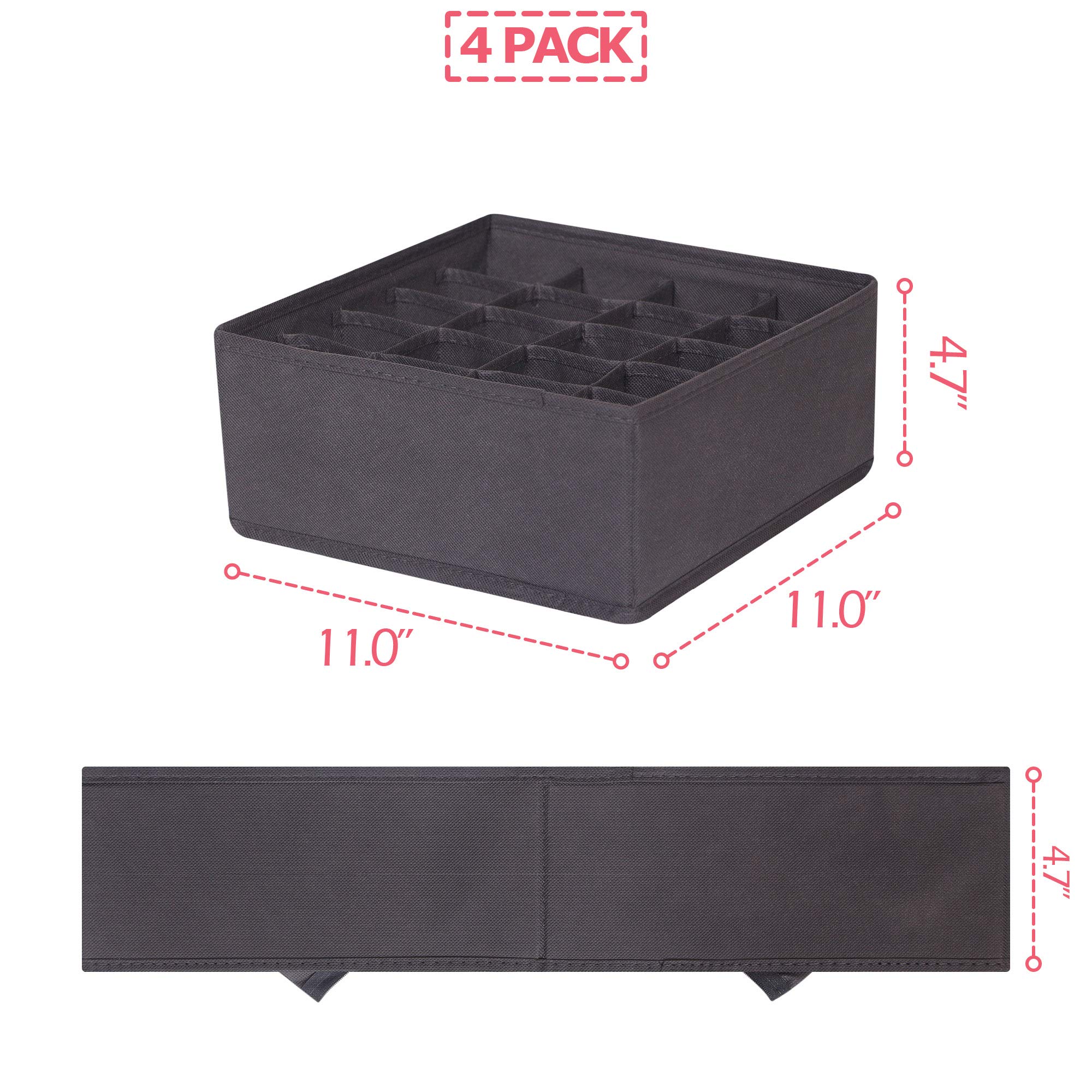 DIOMMELL 4 Pack Foldable Fabric Storage Bins - Closet Organizer for Clothes, Underwear, Socks & Lingerie | Dark Grey Drawer Dividers | Space-Saving Dresser & Shelf Storage Solution for Bedroom & Laundry Room