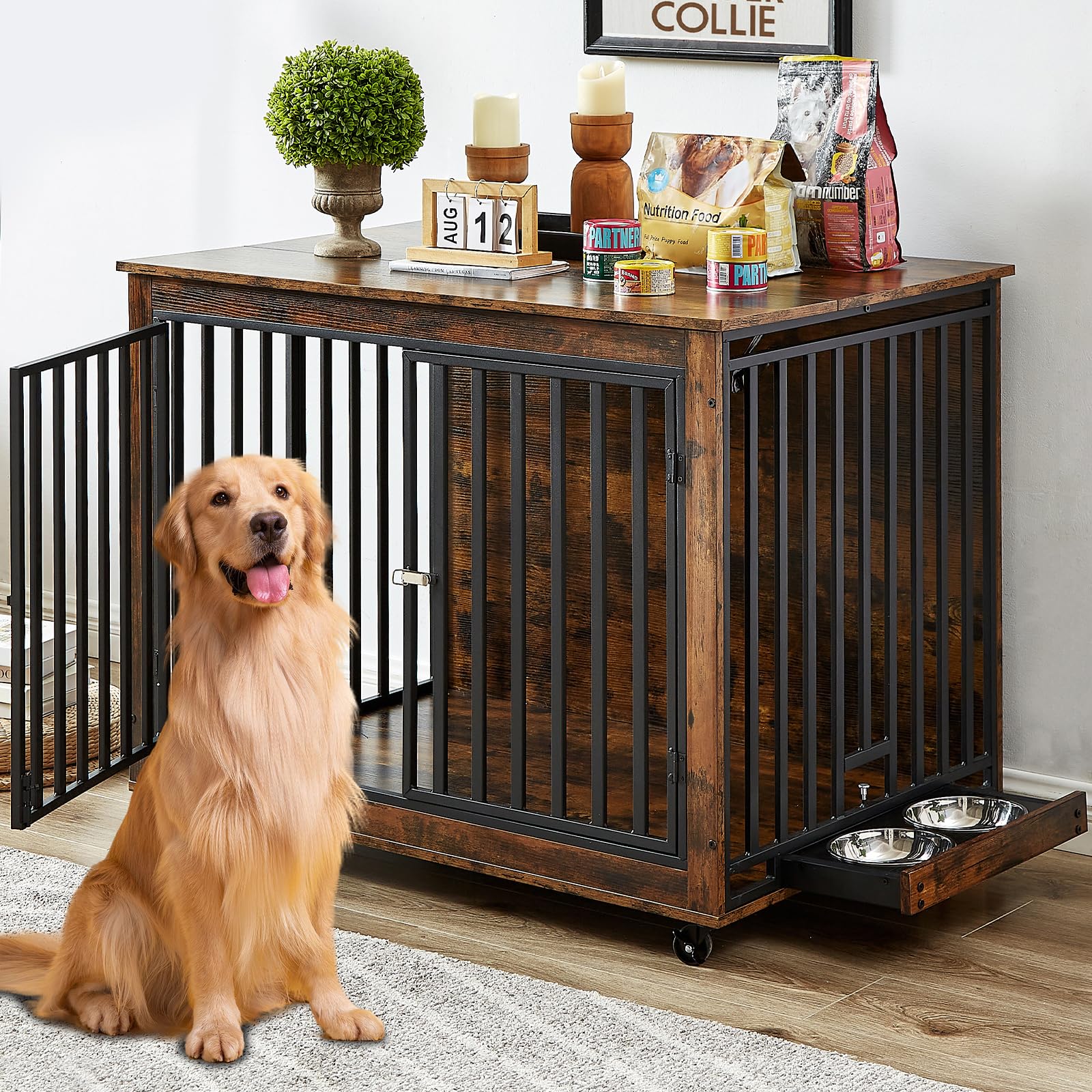 Rovibek 44 Inch Heavy Duty Dog Crate with Wheels & Removable Bowls - Rustic Brown Large Dog Kennel for Indoor Use - Perfect for Medium to Large Dogs, Living Room, Bedroom or Office Pet Furniture