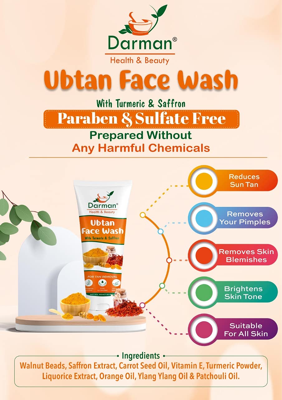 Darman Health & Beauty Ubtan Face Wash with Turmeric, Saffron, Almond Extract, Rose Water & Sandalwood Oil - Sulfate-Free, Paraben-Free, Silicone-Free & Dye-Free (100mL) for Glowing Skin & Acne Treatment - Perfect for Daily Cleansing & Brightening Routine