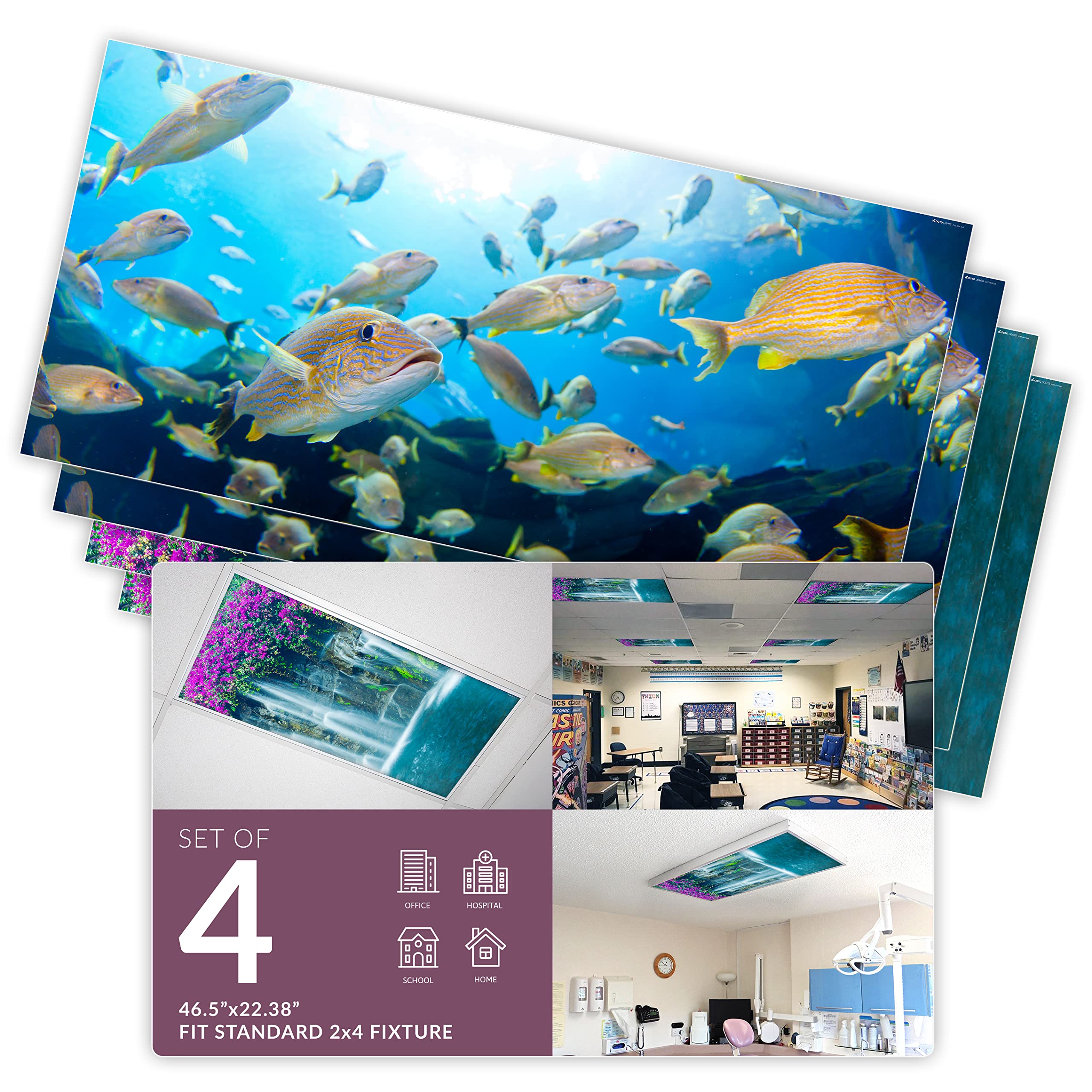 Octo Lights Fluorescent Light Covers for Classroom & Office - Reduce Eye Strain & Headaches with Anti-Glare Panels | Ocean & Waterfall Themed Decor (4 Pack) | Perfect for Schools, Hospitals, and Workspaces