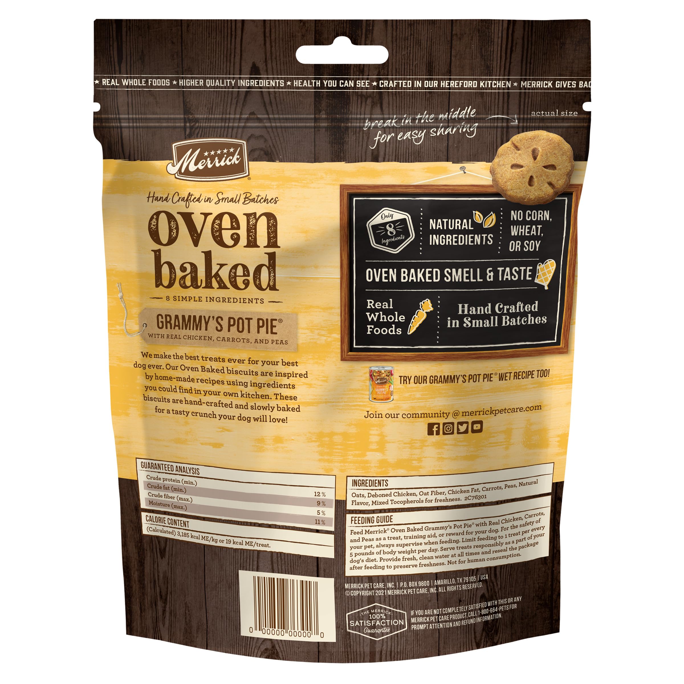 Merrick Oven Baked Natural Crunchy Dog Treats - Grammy’s Pot Pie Flavor with Real Chicken - 11oz Bag - Perfect for Training, Rewards & Dental Health