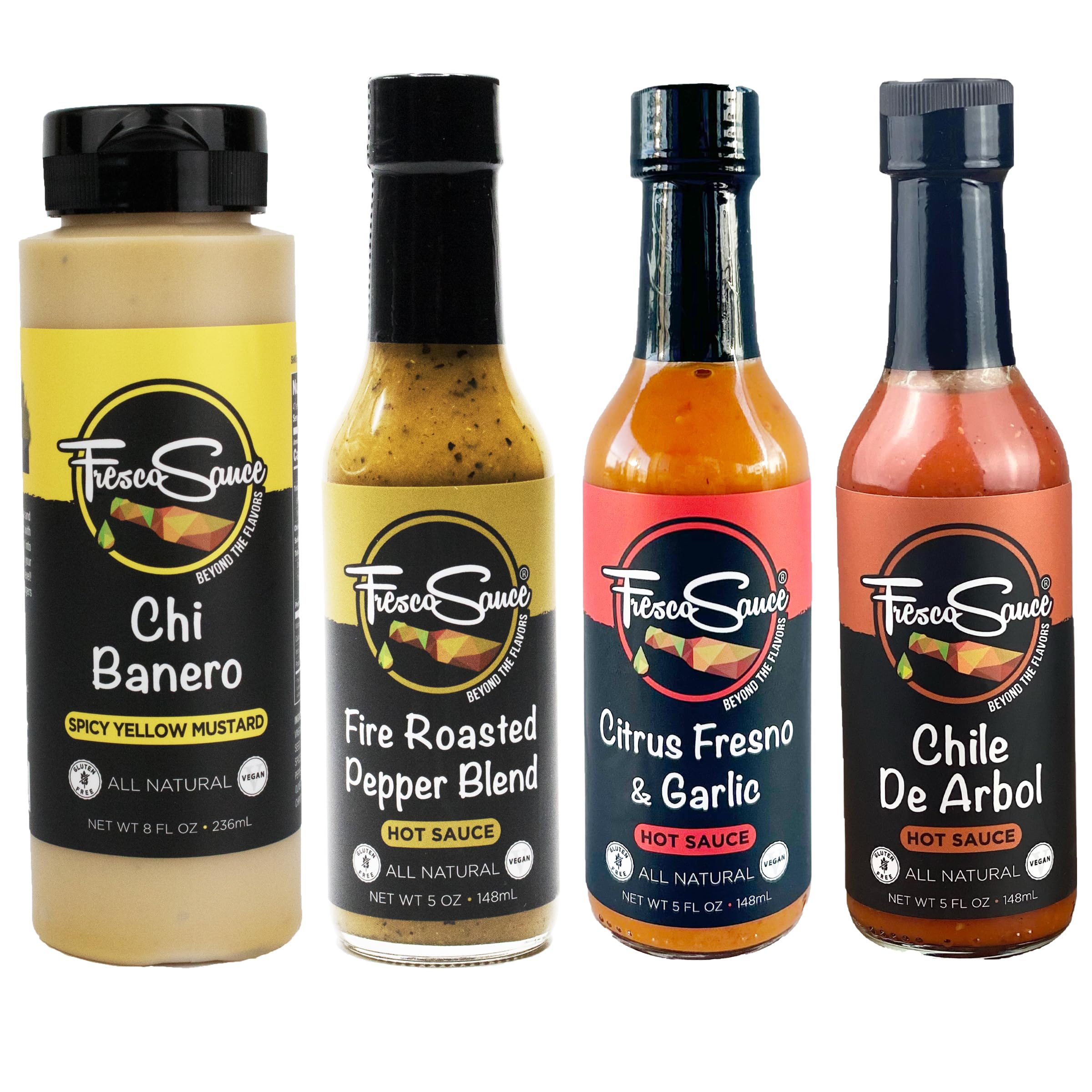 Fresco Sauce - Premium Hot Sauce Gift Box 4 Pack (Chi Banero Mustard, Fire Roasted Pepper Blend, Garlic Citrus Fresno, Chile De Arbol) - Perfect for Spicy Food Lovers, BBQ Parties & Gourmet Gifts