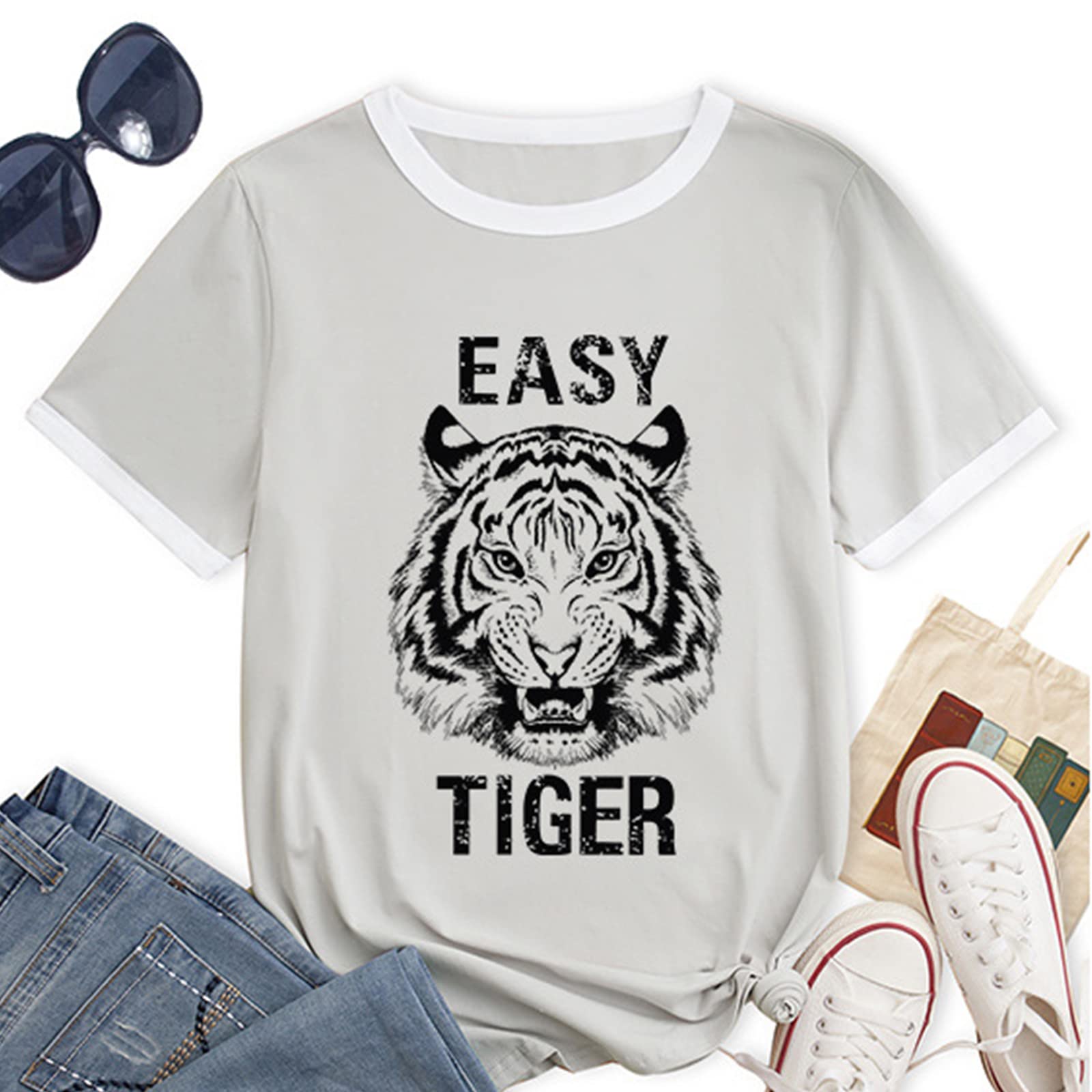 Easy Tiger Women's Graphic Tee - Animal Tiger Print Patchwork Short Sleeve T-Shirt | Country Music Inspired White Top for Casual Wear & Concerts