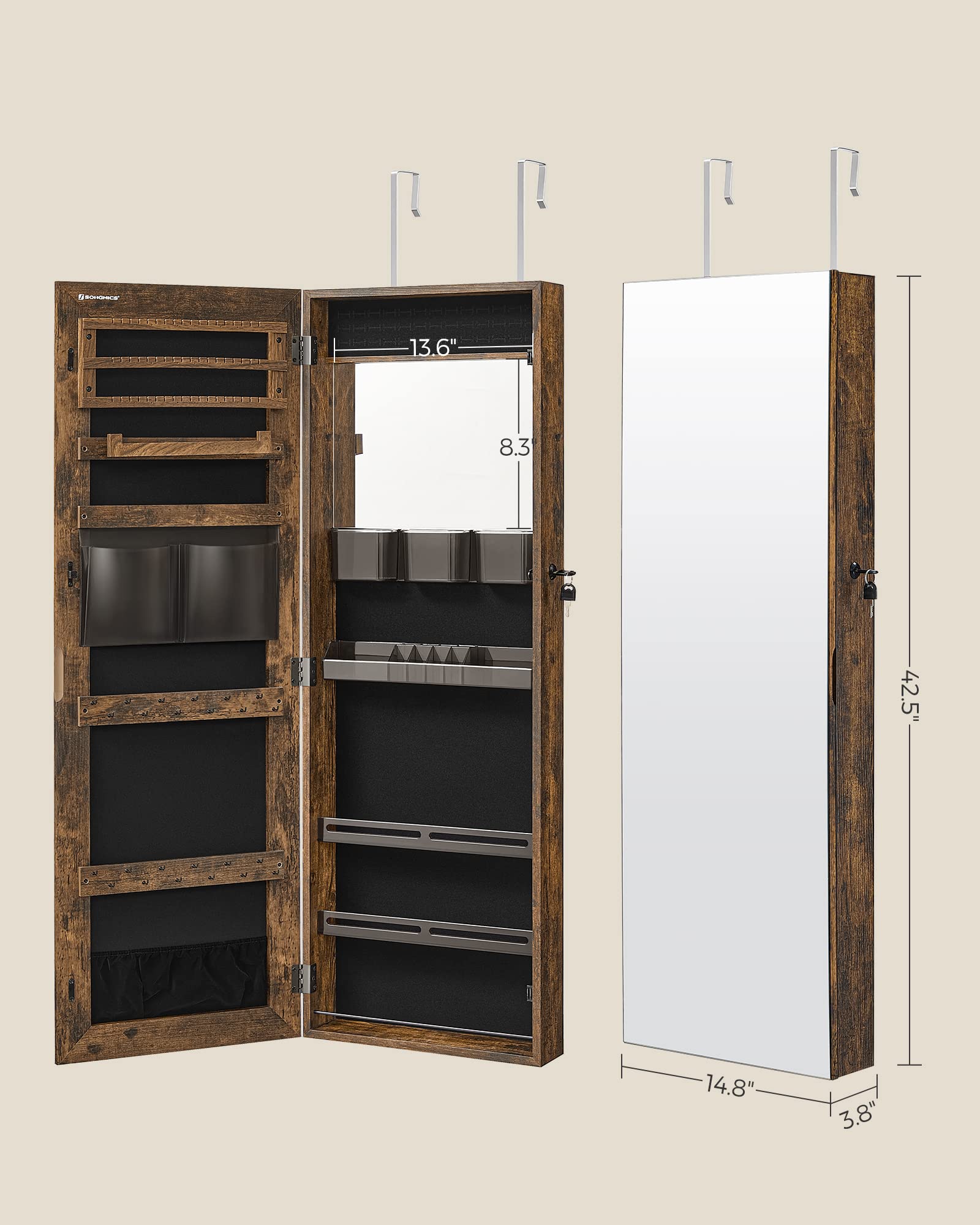 SONGMICS Jewelry Cabinet Armoire with Full-Length Mirror - Wall or Door Mount Jewelry Organizer with Lock, Shelves & Built-in Small Mirror - Rustic Brown UJJC003X01 - Perfect for Bedroom, Closet & Gift Giving