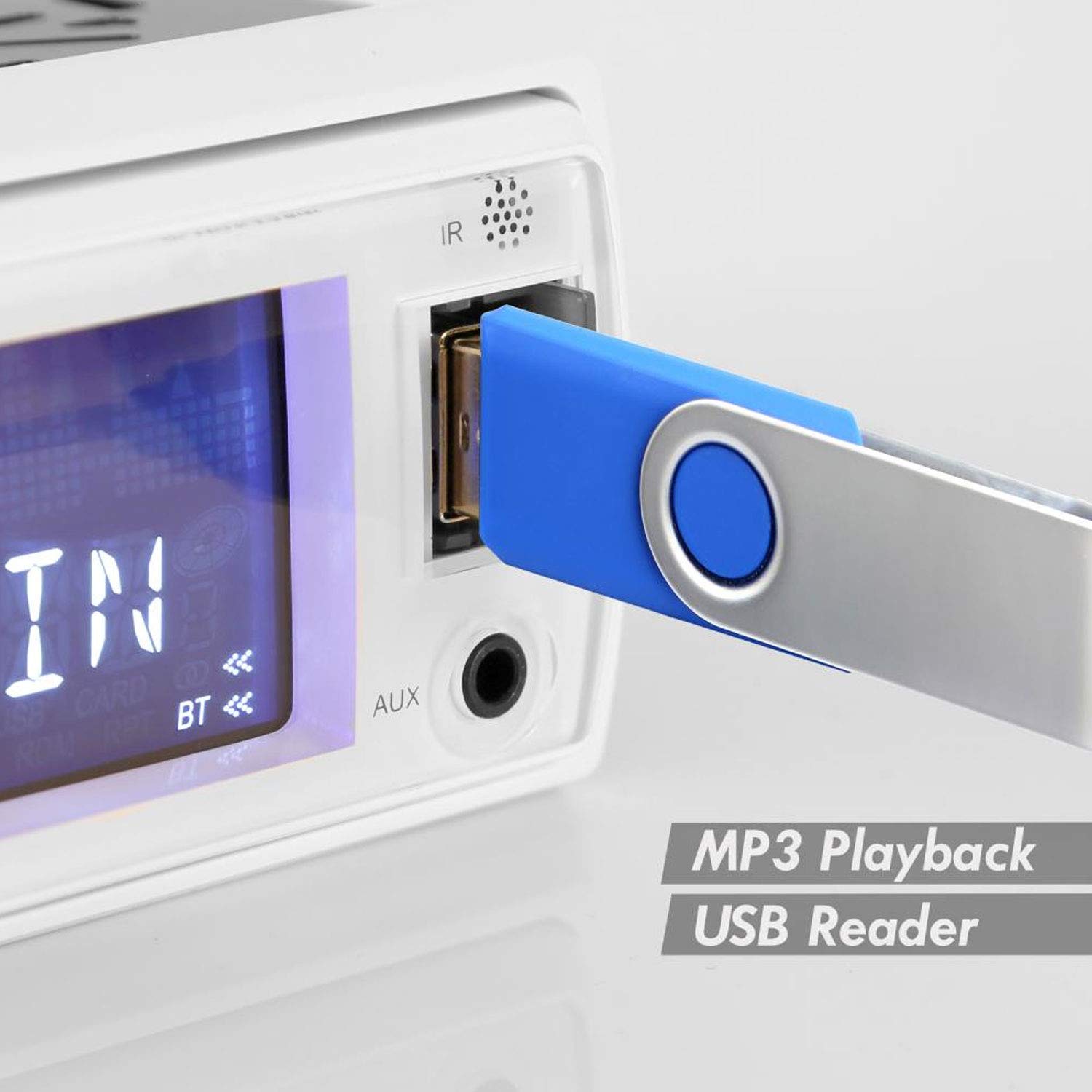 Pyle PLRMR23BTW White Bluetooth Marine Stereo Receiver - 12V Single DIN Boat Radio with Digital LCD, USB, SD, MP3, AM/FM, RCA Inputs & Remote Control - Perfect for Boats, Yachts & Marine Audio Systems