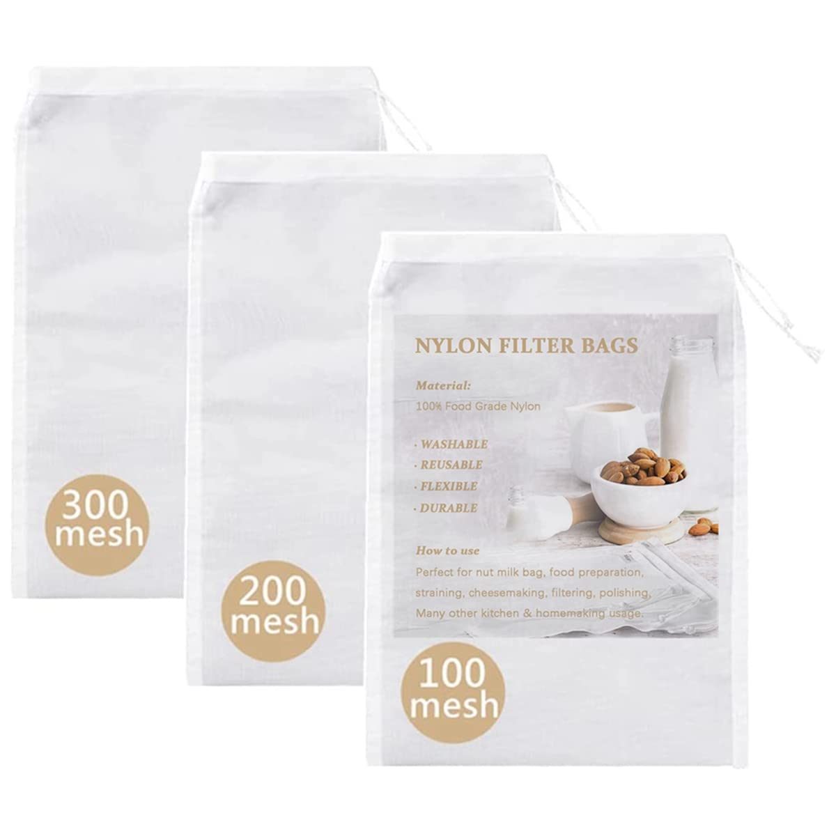 **3 Pack Reusable Nut Milk Bags - 150/75/48 Micron Nylon Food Strainers for Soy Milk, Yogurt, Wine & Coffee - 12