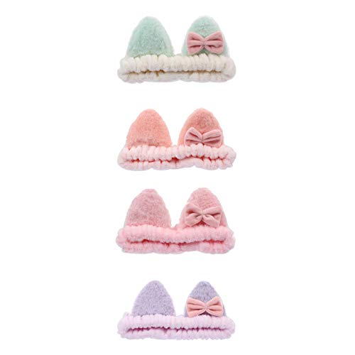 Minkissy 4Pcs Microfiber Spa Headband Set - Soft Cat Ear & Bow Design Hair Wrap for Women & Girls - Perfect for Makeup, Shower, Bath & Face Washing (Great Gift for Spa Lovers & Beauty Enthusiasts)