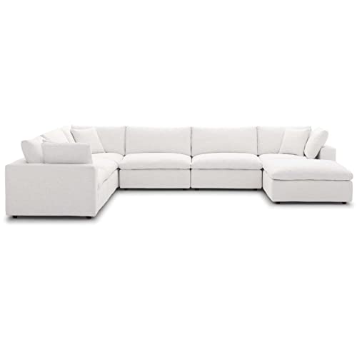 Modway Commix 7-Piece Down Filled Sectional Sofa Set with Ottoman - Overstuffed Beige Couch for 6-Person Seating | Perfect for Living Room, Family Room & Large Space Gatherings