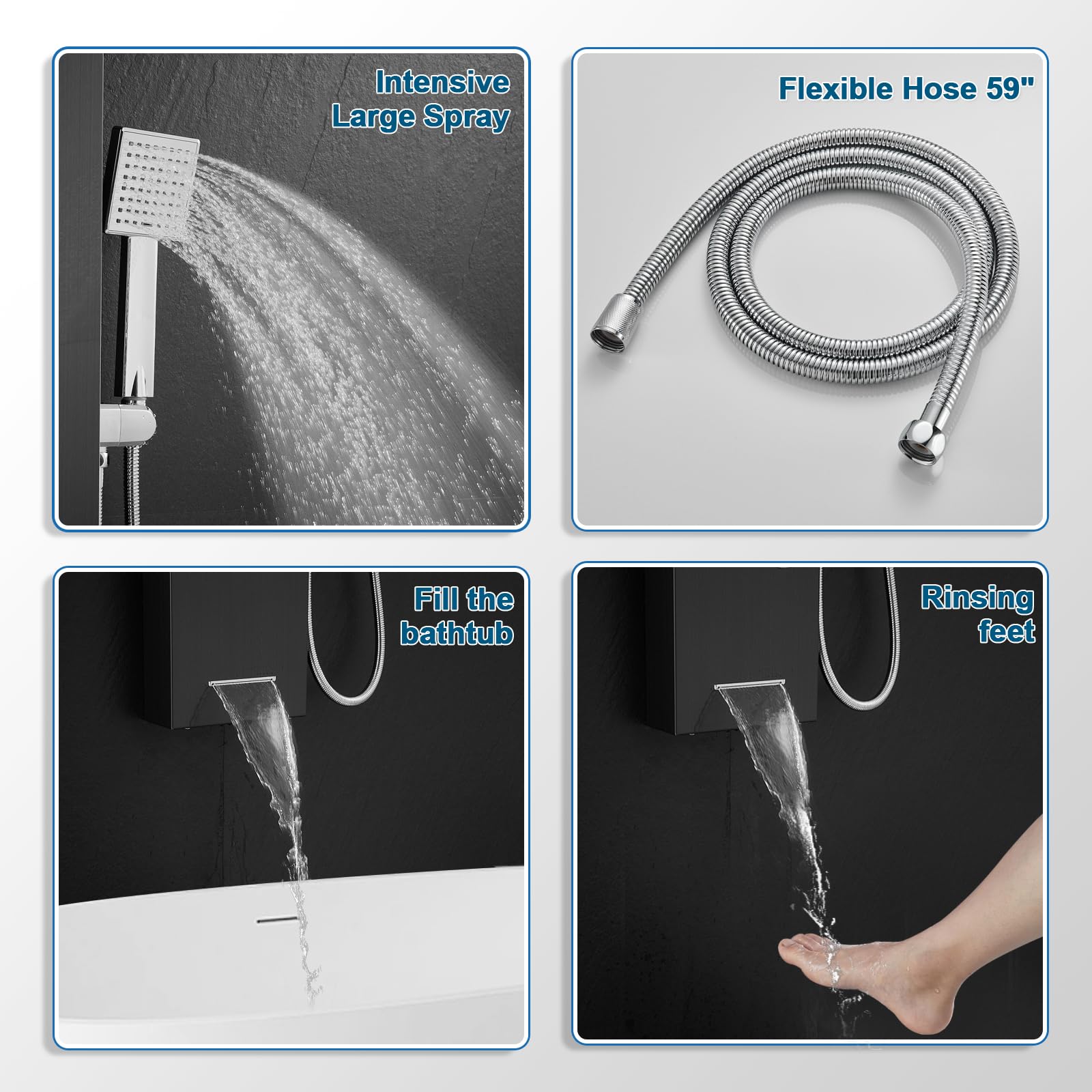 ROVOGO 5-Function Shower Panel Tower System with LED Lights & Temperature Display - Rainfall, Mist, Body Jets, Handheld & Tub Spout - 304 Stainless Steel Black - No Battery Needed - Perfect for Modern Bathroom & Spa-Like Shower Experience