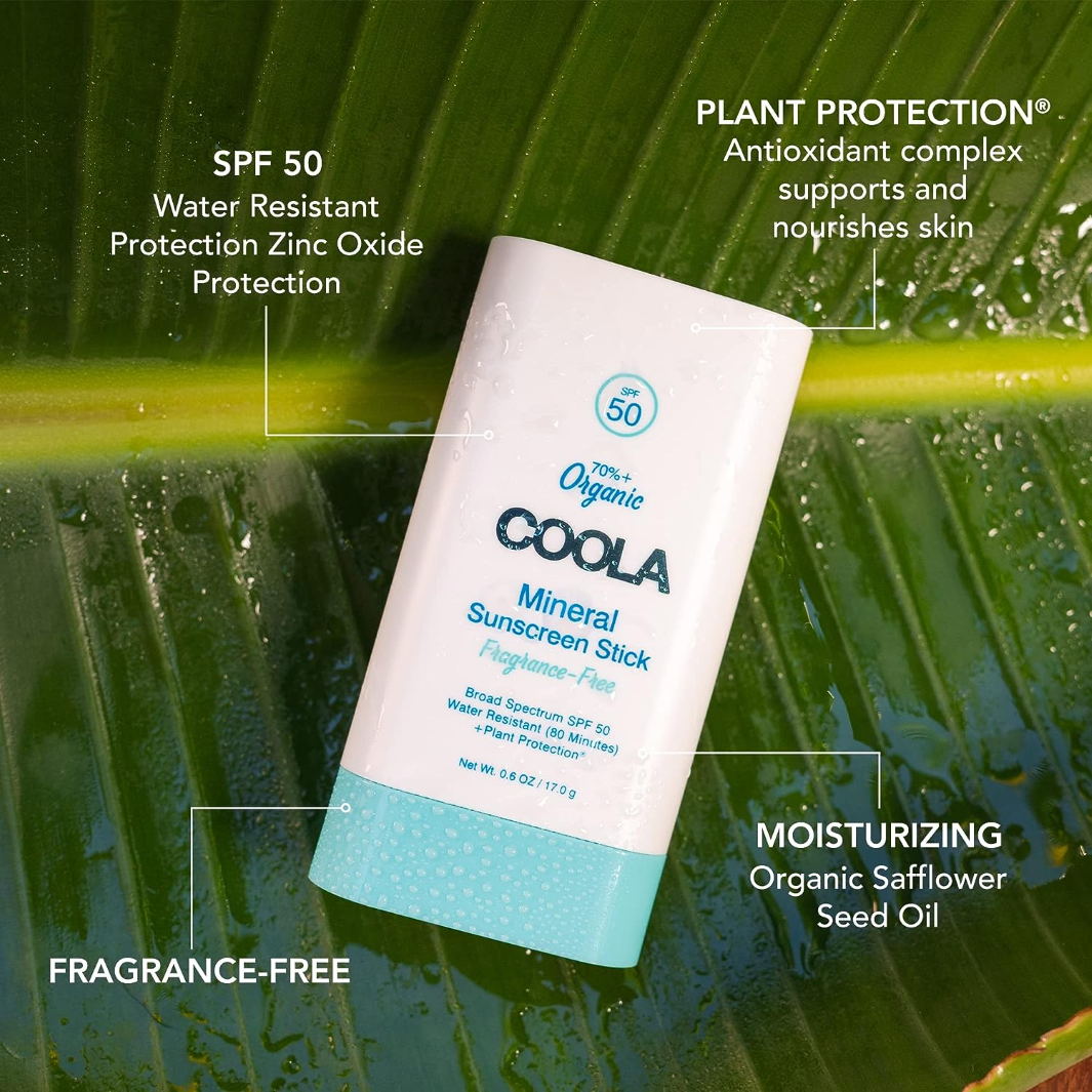 COOLA Mineral Organic Sunscreen Stick SPF 50 Fragrance Free - Reef Safe, Broad Spectrum UVA/UVB Protection - Perfect for Beach, Swimming & Outdoor Activities