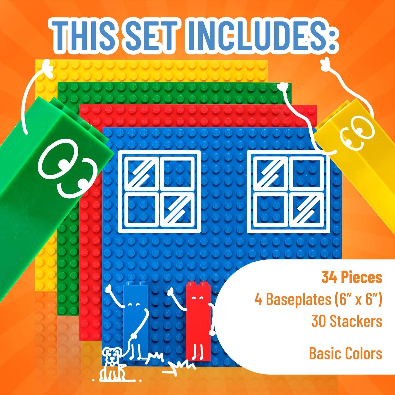 Strictly Briks Lego-Compatible Stackable Baseplates - 6x6 Inch Building Bricks for Towers, Shelves & DIY Projects (4 Base Plates + 30 Stackers in Red, Green, Blue & Yellow) | Perfect for Kids' Creative Play, Classroom STEM Activities & Home Organization