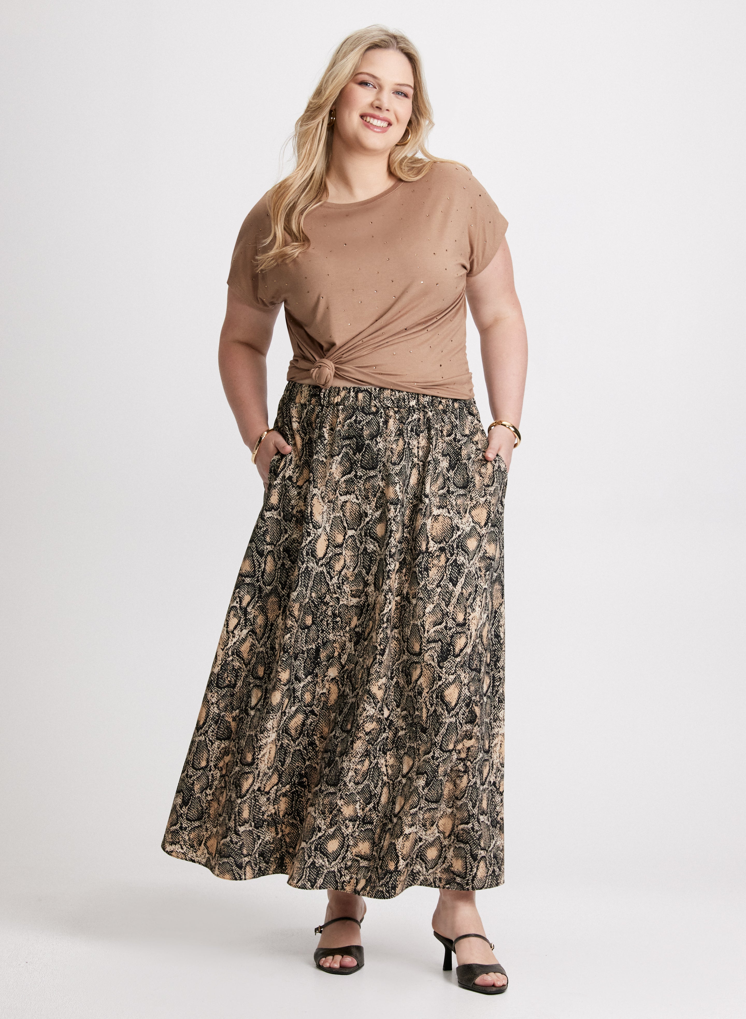 Bead Embellished T-Shirt & Animal Print Maxi Skirt Set - Women's Fashion Outfit for Casual Wear, Party, and Date Night