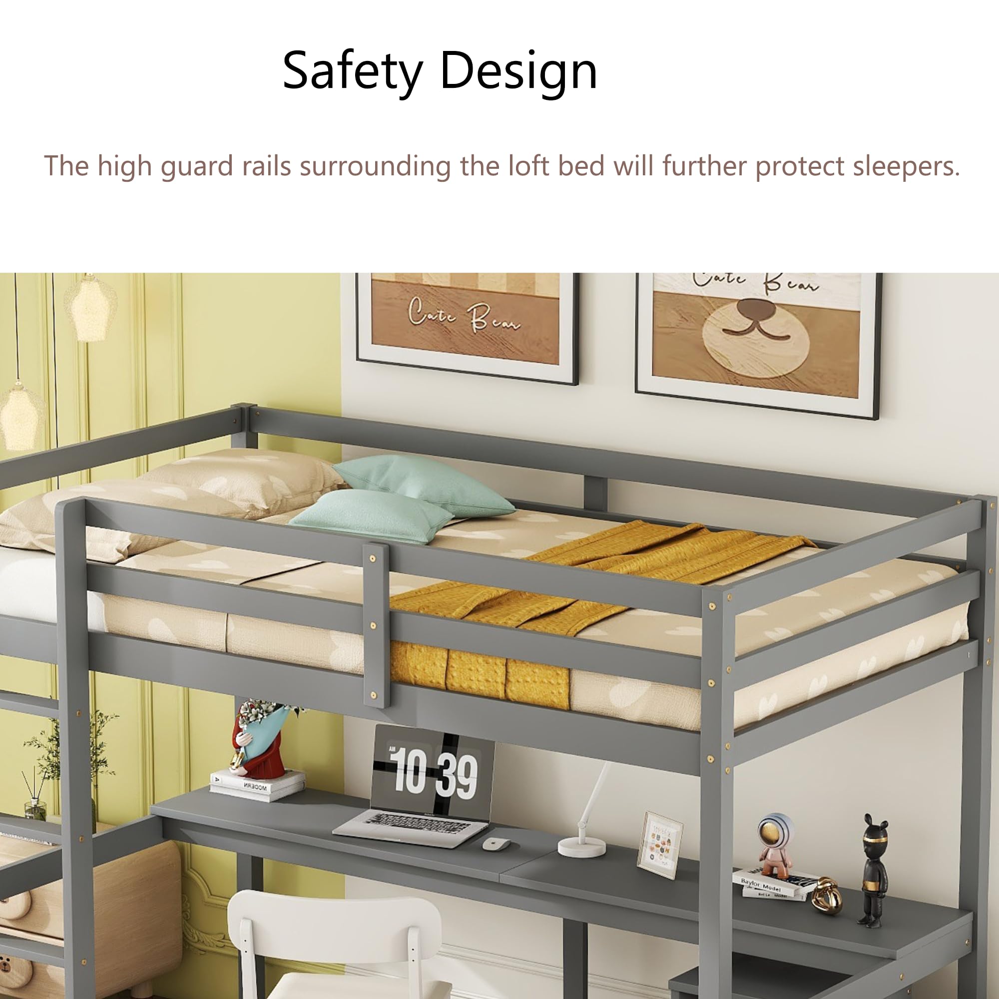 Merax Twin Size Wood Loft Bed with Built-in Desk, 2-Drawer Storage Cabinet, Guardrails & Ladder - Space Saving Bed for Small Bedroom, Dorm or Guest Room (Grey) - Perfect for Study, Sleep & Storage in Compact Spaces
