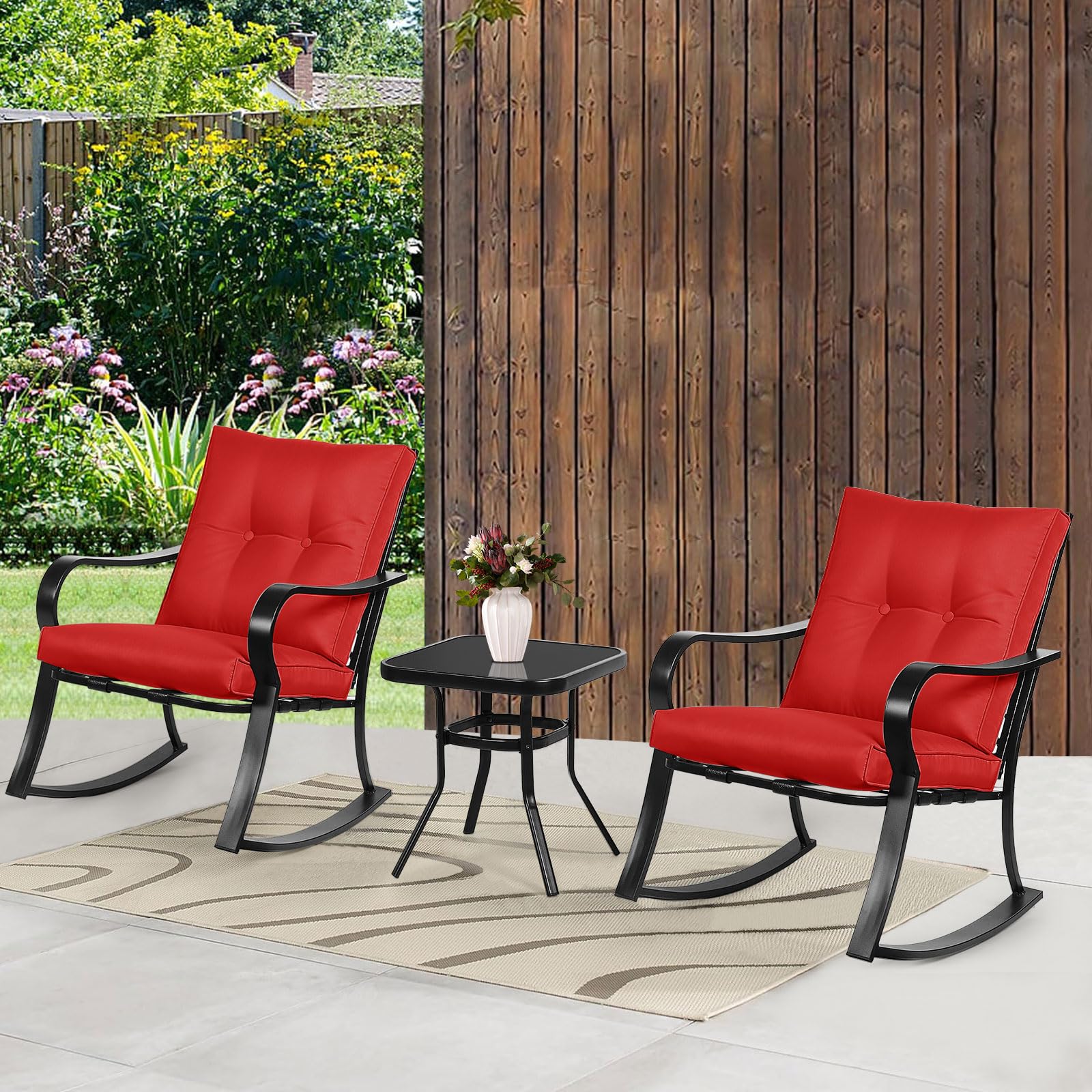 **Crownland 3-Piece Outdoor Rocking Chair Patio Set with Bistro Table & Glass Coffee Table - Black Iron Frame with Thickened Cushions (Red) - Perfect for Garden, Backyard, Porch & Poolside Relaxation**