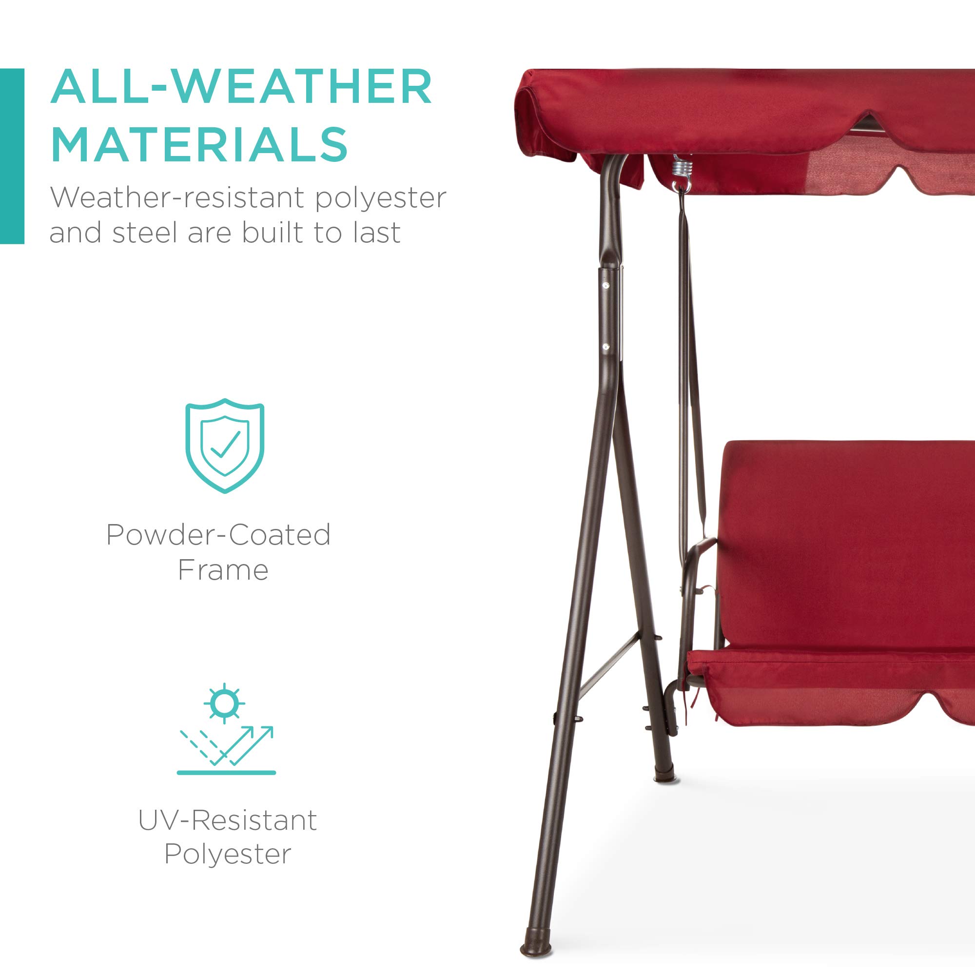 Best Choice Products 2-Person Outdoor Patio Swing Chair with Convertible Canopy - Hanging Glider Porch Bench for Garden, Backyard, Poolside - Adjustable Shade & Removable Burgundy Cushions - Perfect for Relaxing, Lounging and Outdoor Entertaining