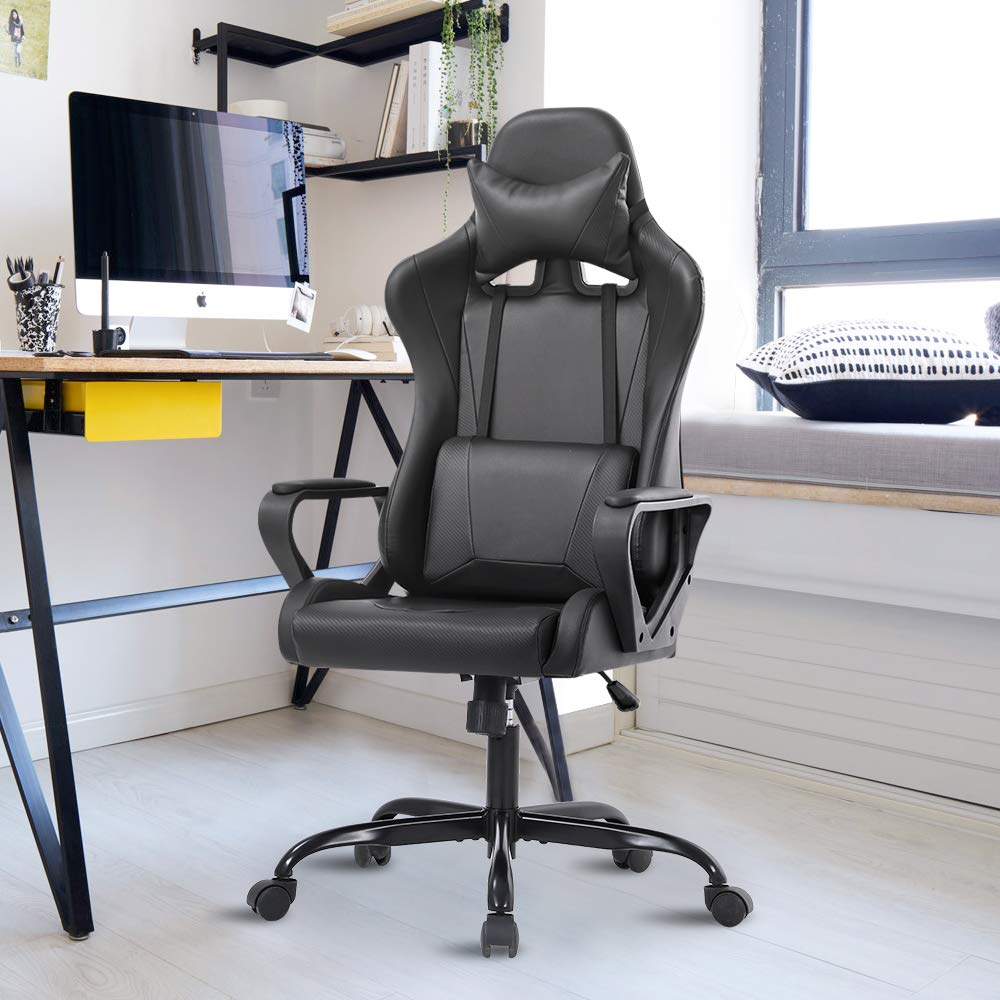 Racing Style Gaming Chair - Ergonomic High Back Office Chair with Adjustable Headrest & Lumbar Support, Swivel Computer Desk Chair for Gaming, Work & Home Use - Black