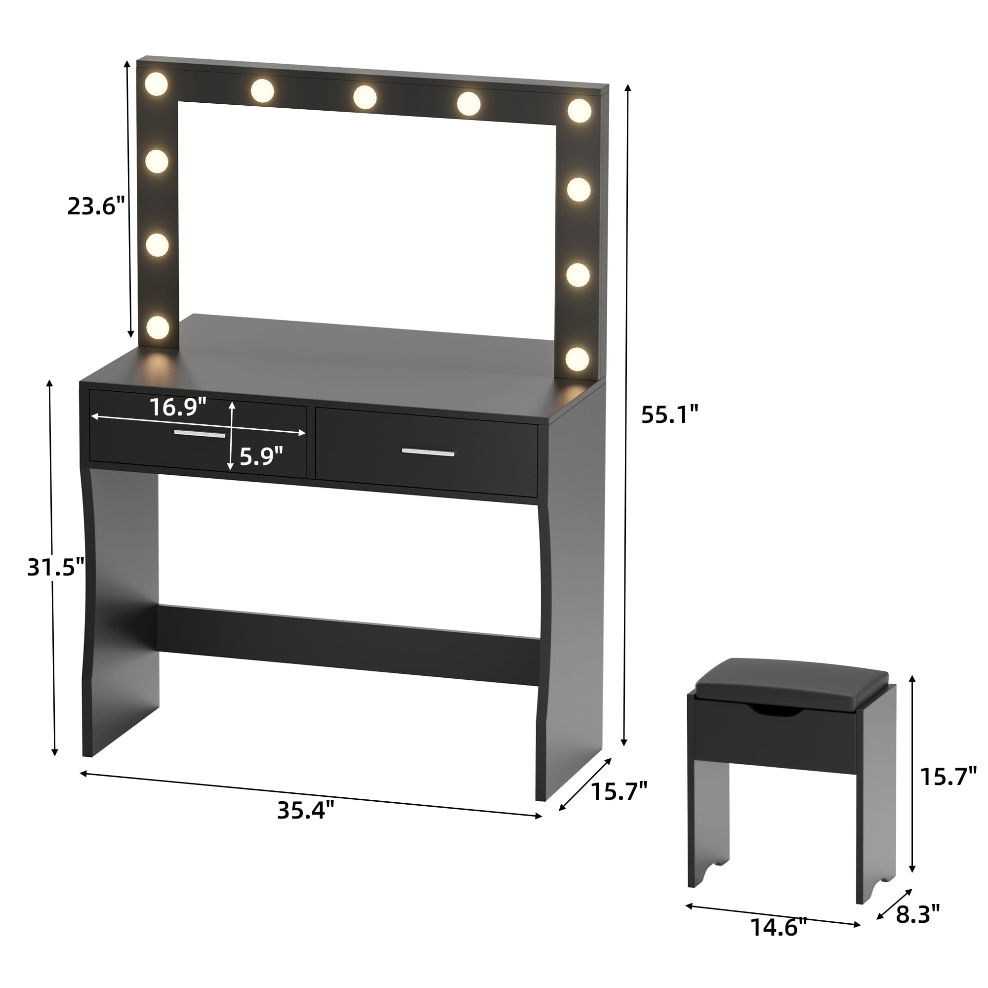 YESHOMY Vanity Desk with Mirror - Makeup Dressing Table with 11 Adjustable LED Lights, 2 Spacious Drawers & Soft-Padded Stool - 3 Lighting Modes Touch Control - Modern Bedroom Vanity Set for Women (Black) | Perfect for Makeup Application, Skincare Routine & Home Decor