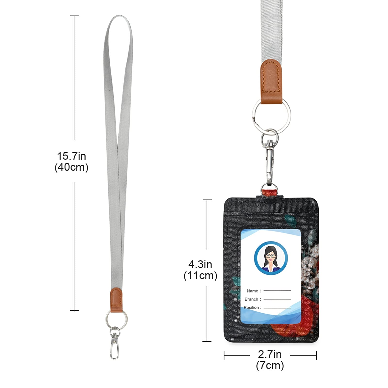 Red Poppy Vertical Leather ID Badge Holder with Lanyard - Office & School Staff Use