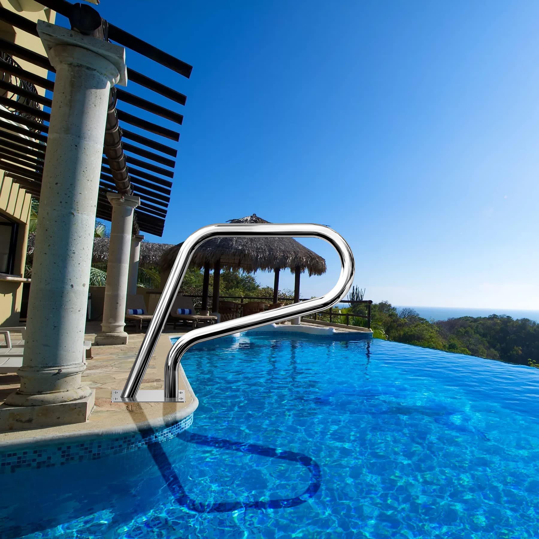 304 Stainless Steel Pool Handrails 32x23 - Rustproof Swimming Pool Safety Railing with Blue Grip Cover, Quick Mount Base Plate & Accessories - Perfect for Inground & Above Ground Pools, Backyard Safety & Easy Pool Entry/Exit
