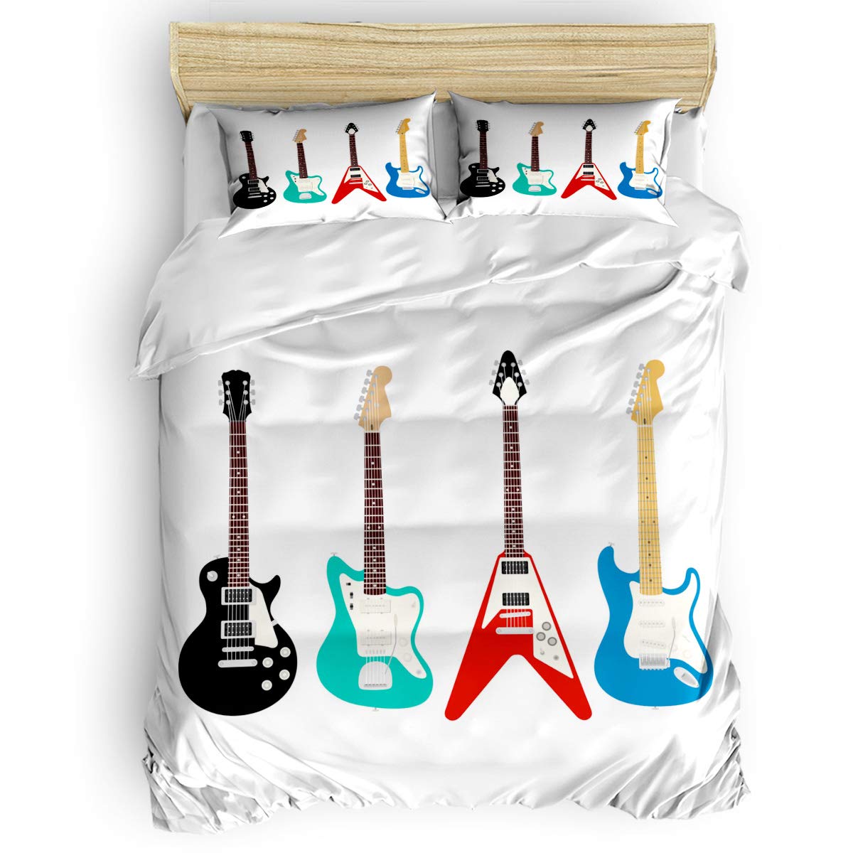 4-Piece Guitar Bass Music Duvet Cover Set - Soft & Comfortable Bedding for Kids & Adults, Includes 1 Duvet Cover, 1 Flat Sheet & 2 Pillowcases (Twin Size) - Perfect for Music Lovers' Bedrooms, Dorm Rooms & Gift Giving