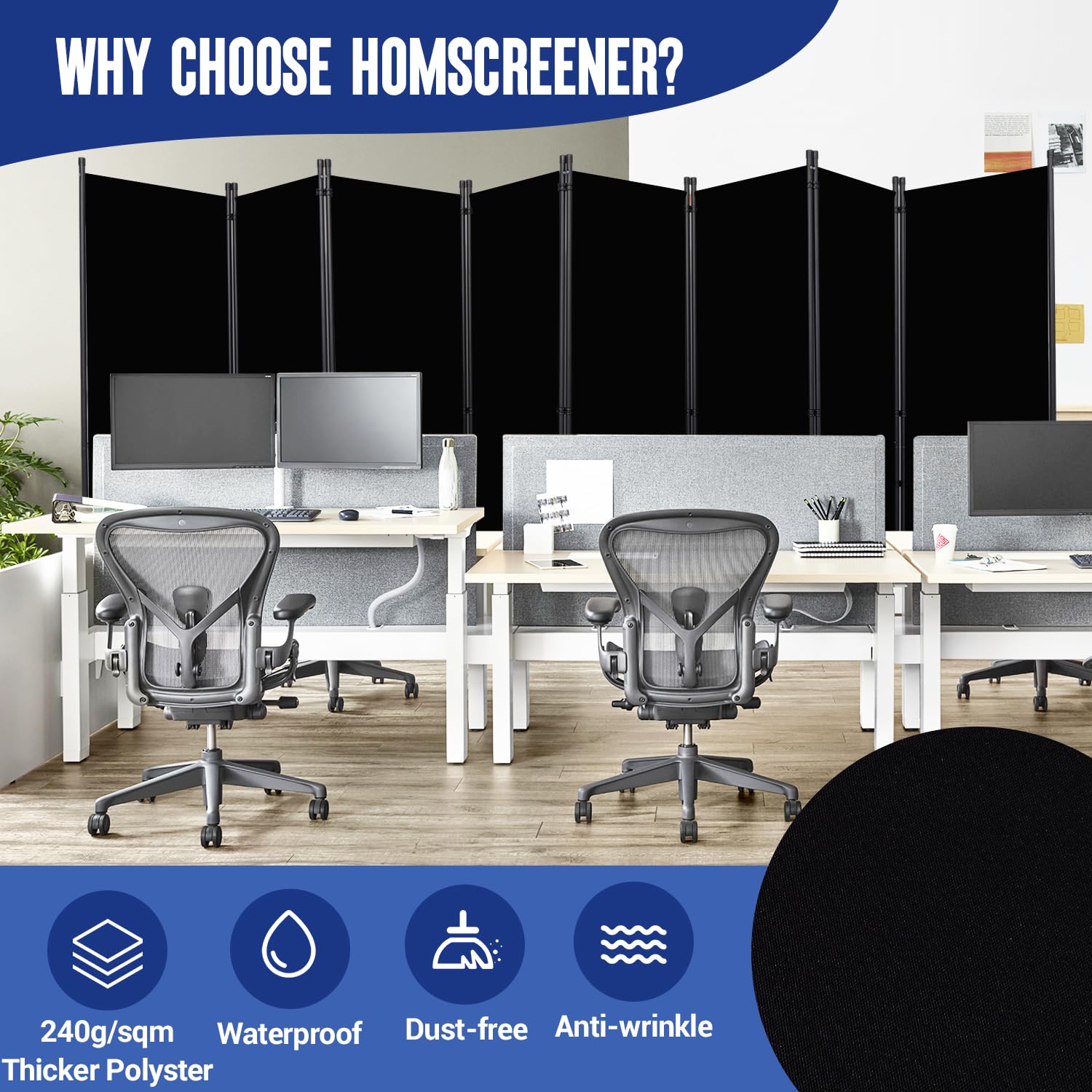 8-Panel Folding Room Divider Privacy Screen - 14.67 Ft Wide Portable Partition for Office, Bedroom, Studio & School - Black Space Separator for Home Decor, Events & Temporary Walls