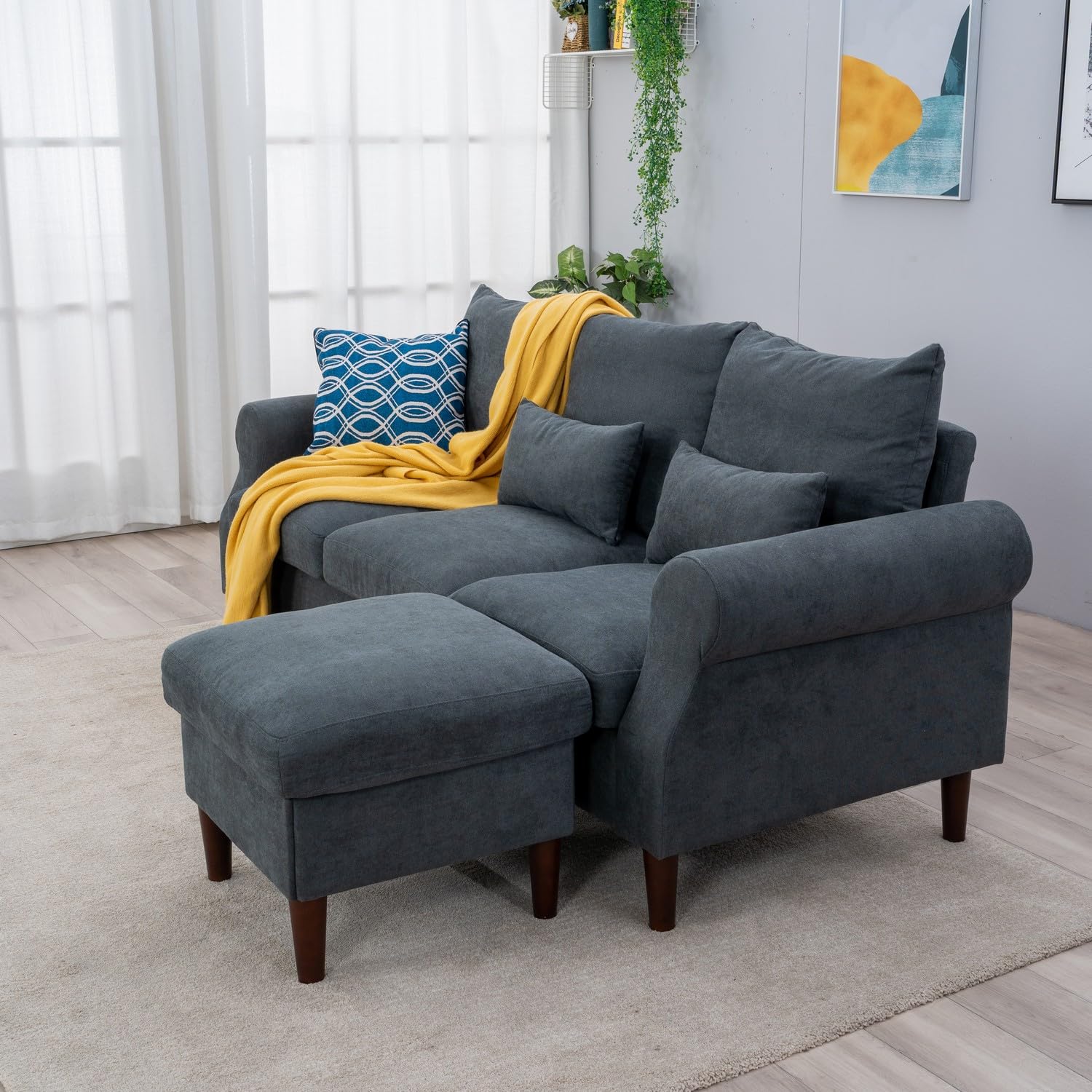 Modern L-Shaped Convertible Sectional Sofa - 3-Seat Fabric Couch for Small Spaces, Grey Scroll Arm Design - Perfect for Apartments, Living Rooms & Home Offices