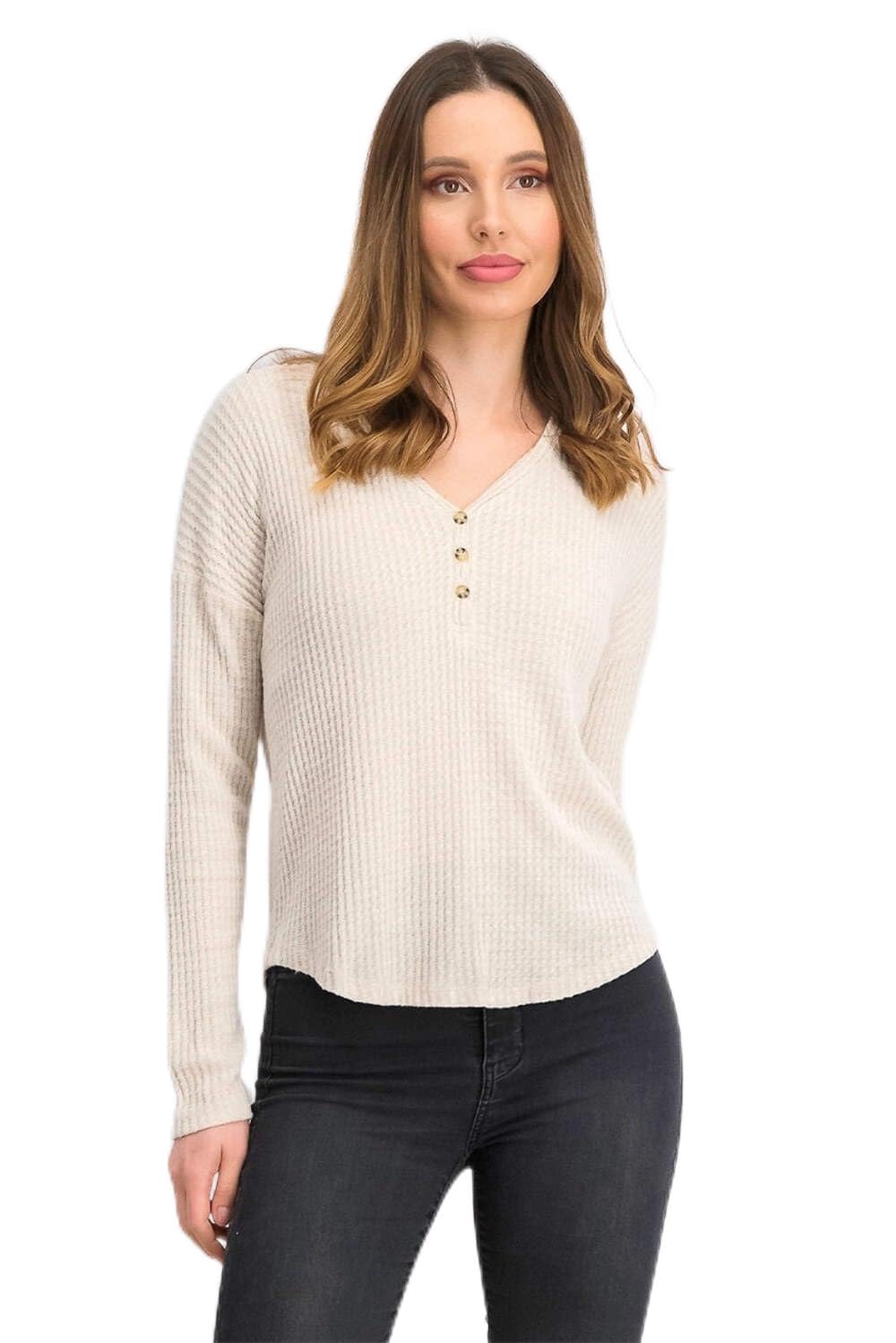 Juniors' Brown Henley Waffle Knit Top - Medium Size | Casual Wear, Layering, Everyday Comfort