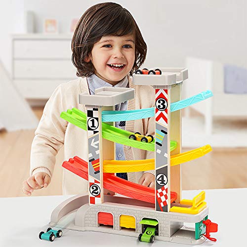 TOP BRIGHT Car Ramp Toys for Toddlers - 4-in-1 Race Track Set with 4 Toy Cars, Parking Lot & Gas Station - Fun Educational Toys for 2-4 Year Old Boys & Girls - Perfect for Indoor Playtime, Birthday Gifts & Preschool Learning Activities