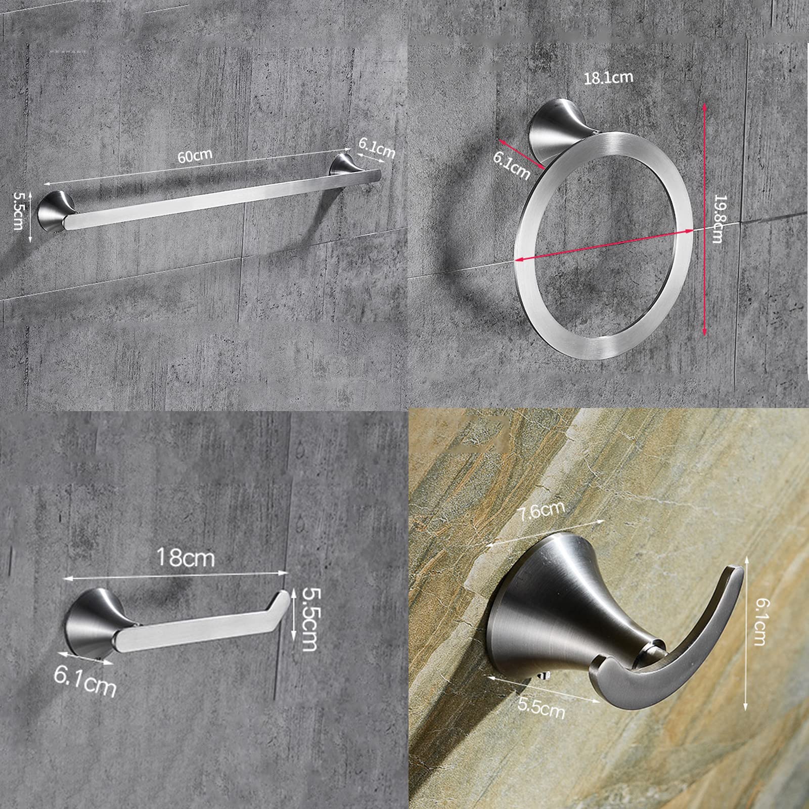 Brushed Nickel Bathroom Hardware Set - 4-Piece Wall Mounted Accessories (Toilet Paper Holder, Robe Hook, Towel Ring & Bar) - Durable 304 Stainless Steel - Perfect for Modern Bathroom Decor & Small Space Solutions