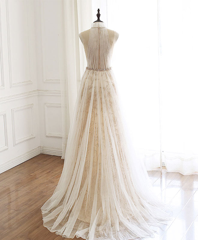 Elegant Champagne Tulle Lace Long Prom Dress for Women - Formal Evening Gown for Homecoming, Wedding, Ball - Perfect for Special Occasions & Red Carpet Events