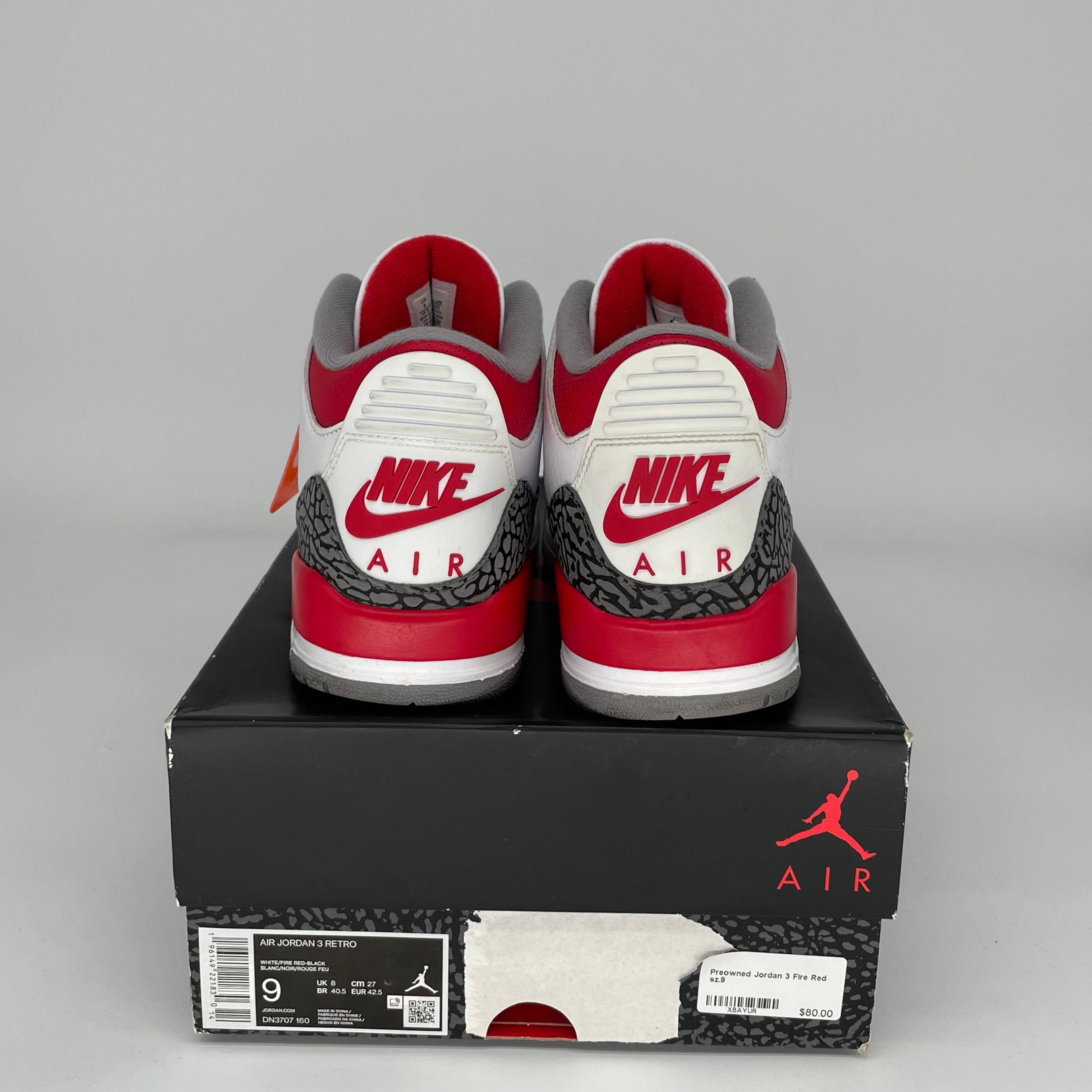 Original Air Jordan 3 Retro 'Fire Red' Men's Basketball Shoes Size 9 DN3707-160 - Perfect for Streetwear, Sneaker Collecting & Casual Sports