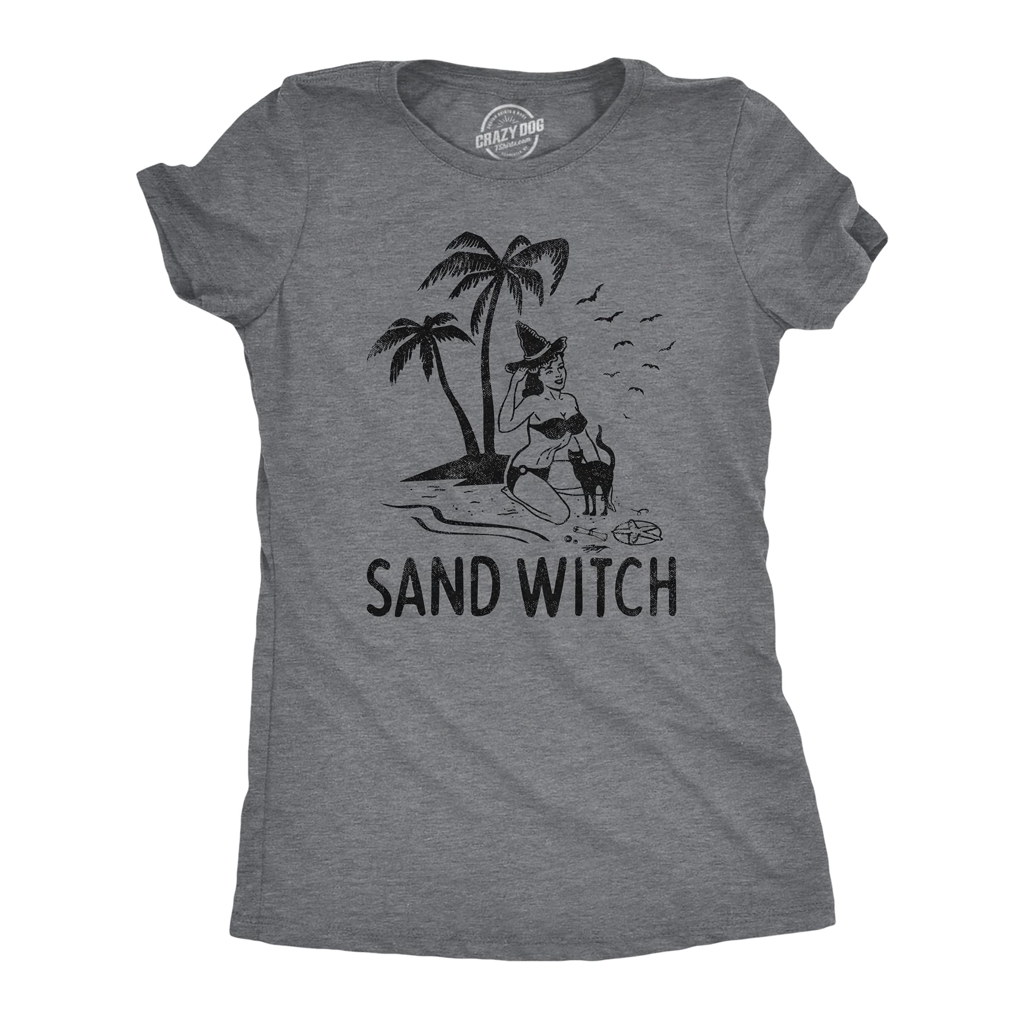 Funny Women's Sand Witch T-Shirt with Black Cat Design - Cute Halloween Novelty Tee for Beach Parties & Costume Events
