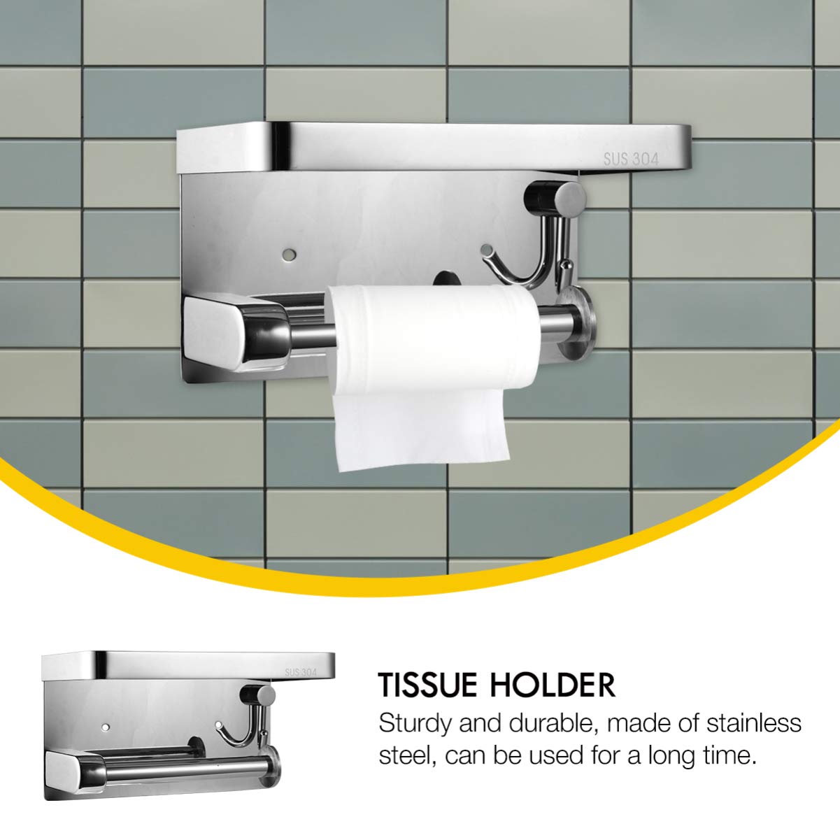 Stainless Steel Wall-Mounted Paper Towel Holder & Bathroom Organizer - Multi-Purpose Tissue Dispenser, Phone Shelf & Keychain Rack for Kitchen, Bathroom & Office Organization