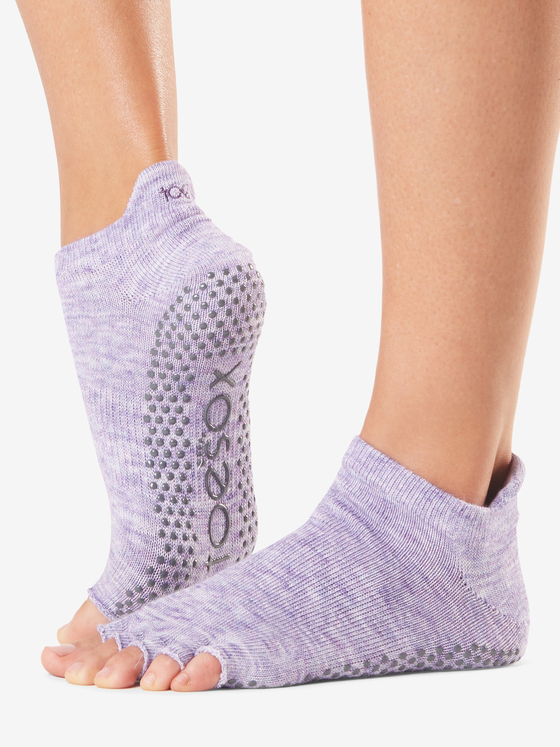 Toesox Half Toe Low Rise Non-Slip Grip Socks for Yoga, Pilates & Barre - Heather Purple - Perfect for Dance, Workouts & Studio Fitness