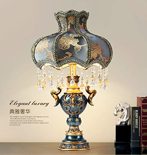 Modern Blue Fabric Lampshade Bedside Table Lamp with Elegant Floral Design - Antique Painted Resin Base Nightstand & Desk Lamp for Living Room, Girls Bedroom - Perfect for Reading, Bedside Lighting & Home Decor