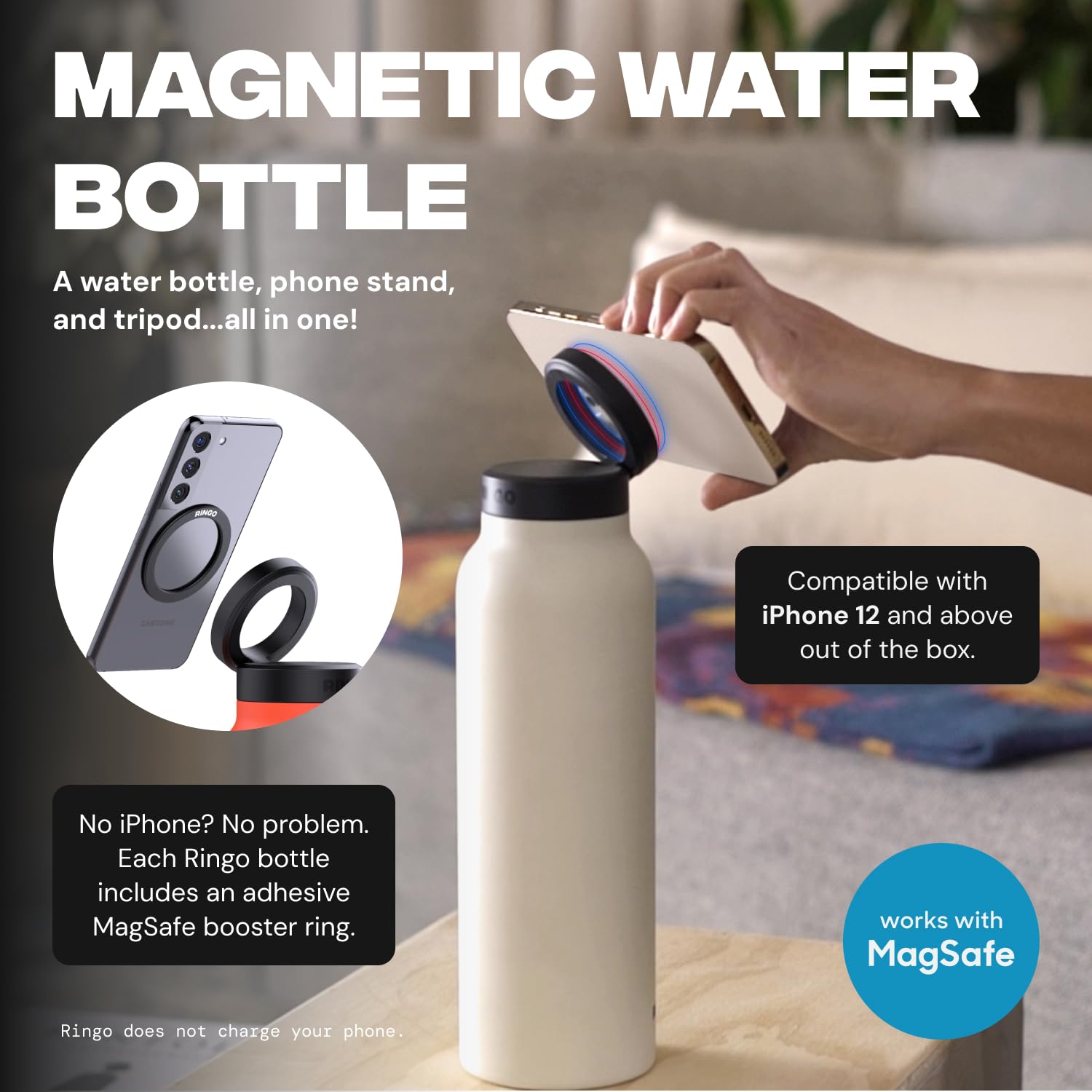 Ringo Insulated Stainless Steel Water Bottle 24oz with Mag-Safe Phone Holder & Magnetic Tripod Mount - Keeps Hot 12H/Cold 24H, 360° Rotation - Ivory - Perfect for Gym, Hiking, Travel & Outdoor Activities