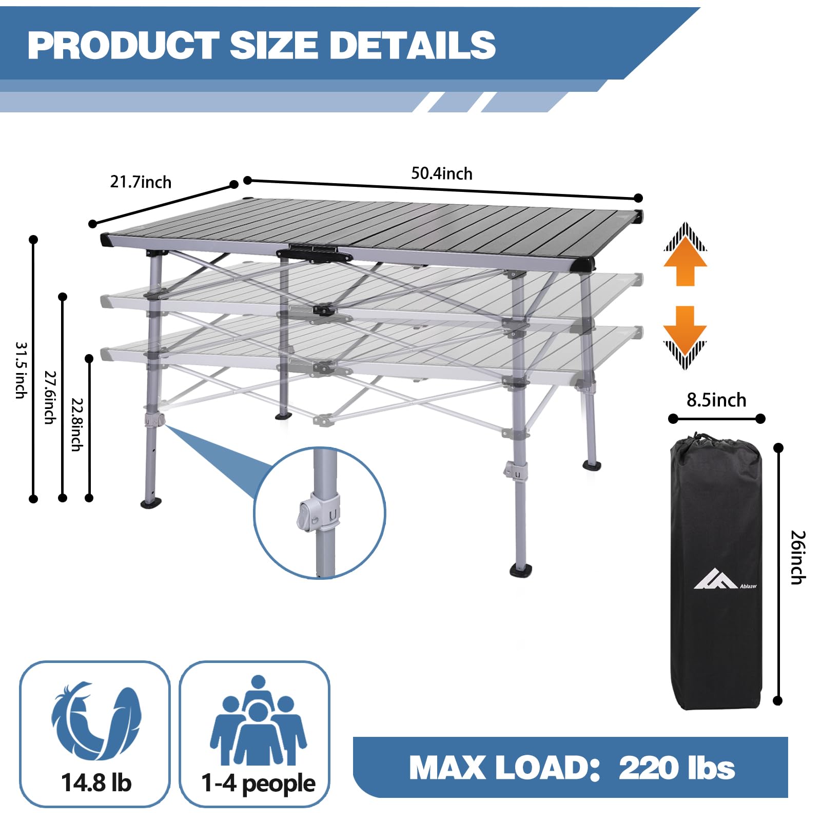 Ablazer Adjustable Height Aluminum Camping Table with Carry Bag - Portable Roll-Up Picnic Table for 4-6 People - Perfect for Outdoor, Camping, Beach, BBQ & Tailgating Parties