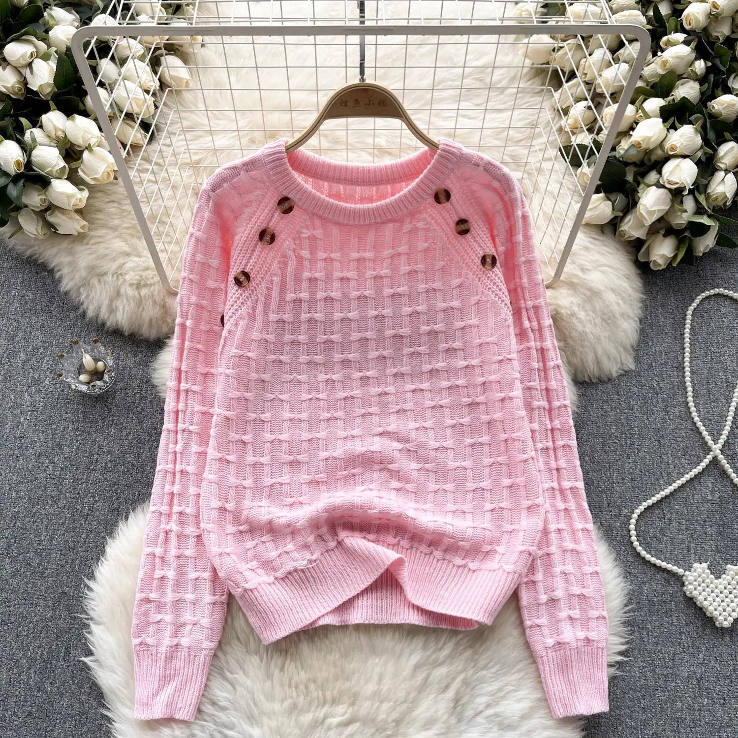 Women's Vintage White Long Sleeve Button-Up Sweater - Cozy Loose Knit Pullover with Bow Detail, Pink O-Neck Top for Fall Winter Fashion | Perfect for Office, Dating & Casual Outfits