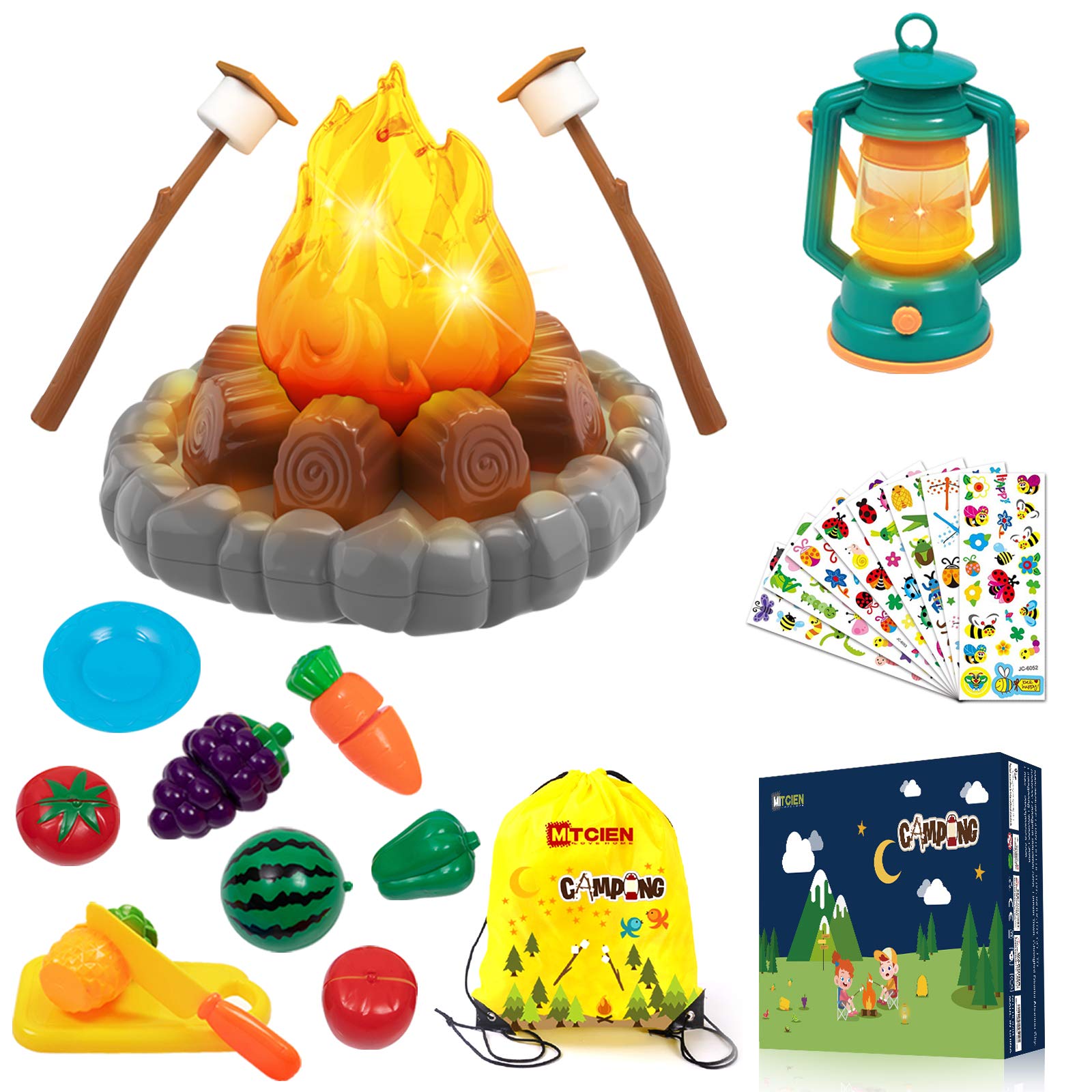 MITCIEN Pretend Camping Toys Play Set for Kids - Campfire, Play Food, Oil Lantern, Cutting Fruits & Vegetables, S'Mores - Educational Outdoor & Indoor Pretend Play Toys for Toddlers (Perfect for Backyard Camping, Playdates & Imaginative Play)