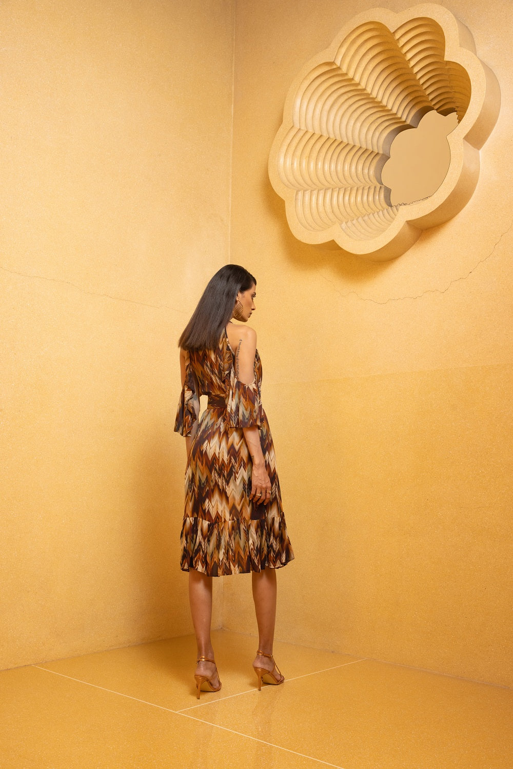 Sundown Coffee High Neck Ruffle Dress With Adjustable Belt - Elegant Flowy Midi Dress for Women, Perfect for Date Night, Cocktail Party & Summer Weddings