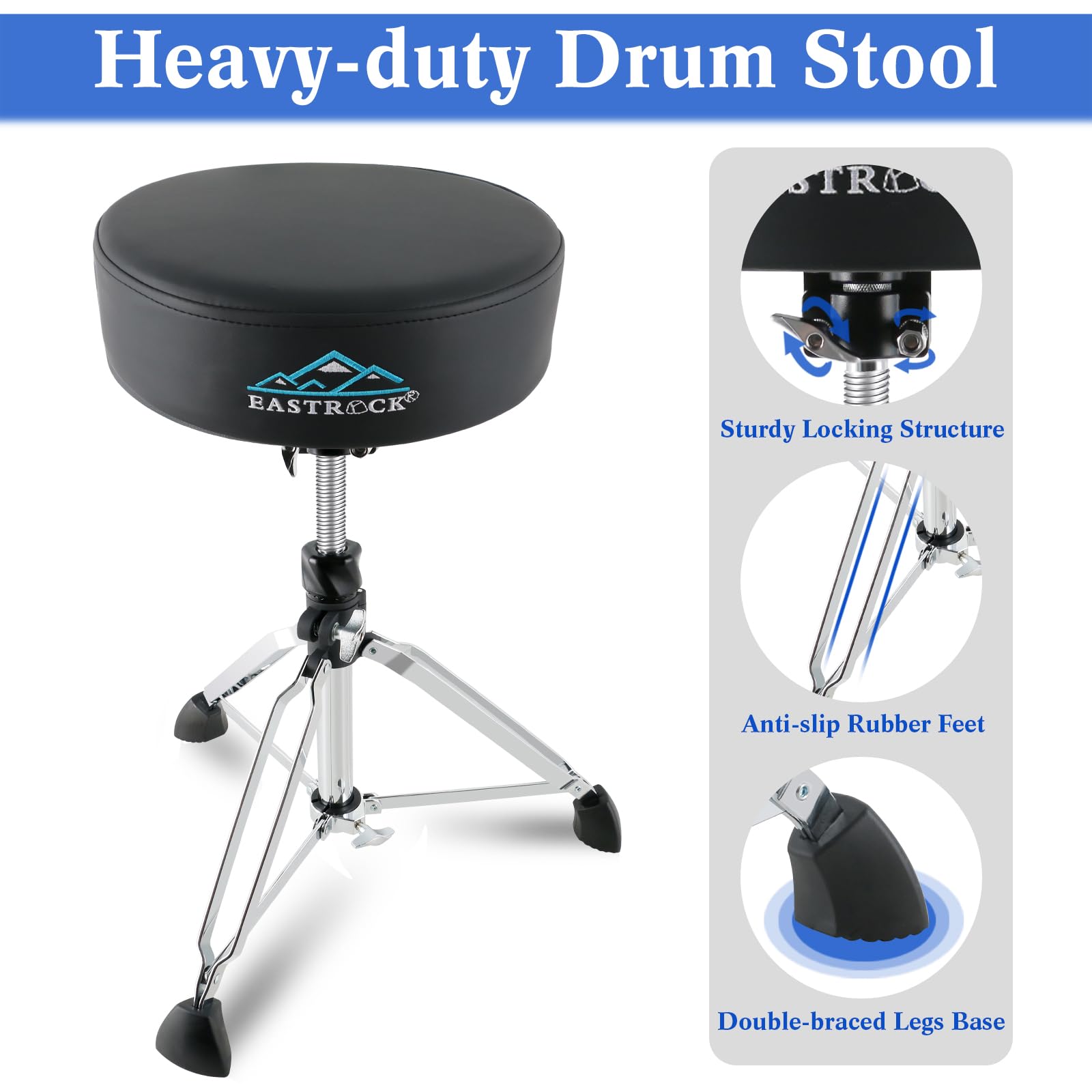 EASTROCK Heavy Duty Rotatable Drum Throne with Wide Padded Seat - Adjustable Height Drum Stool for Adult Drummers (Black) | Perfect for Drum Practice, Live Performances & Studio Recording Sessions