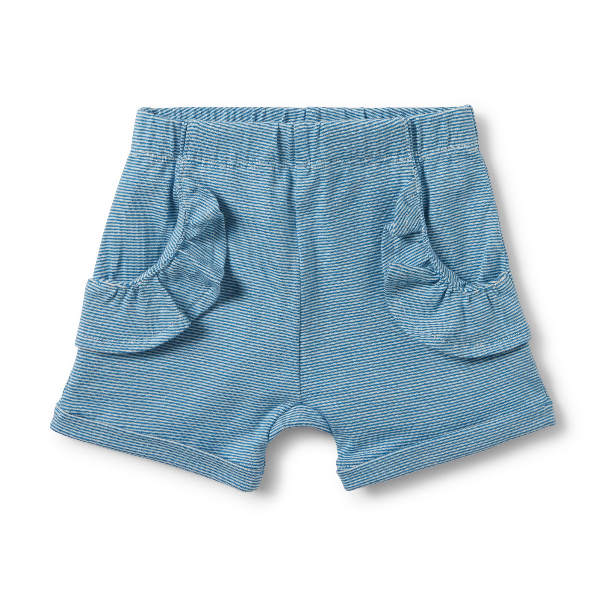 Stylish Mediterranean Blue Striped Ruffle Pocket Shorts for Women - Perfect for Beach Vacations, Summer Outings & Casual Wear