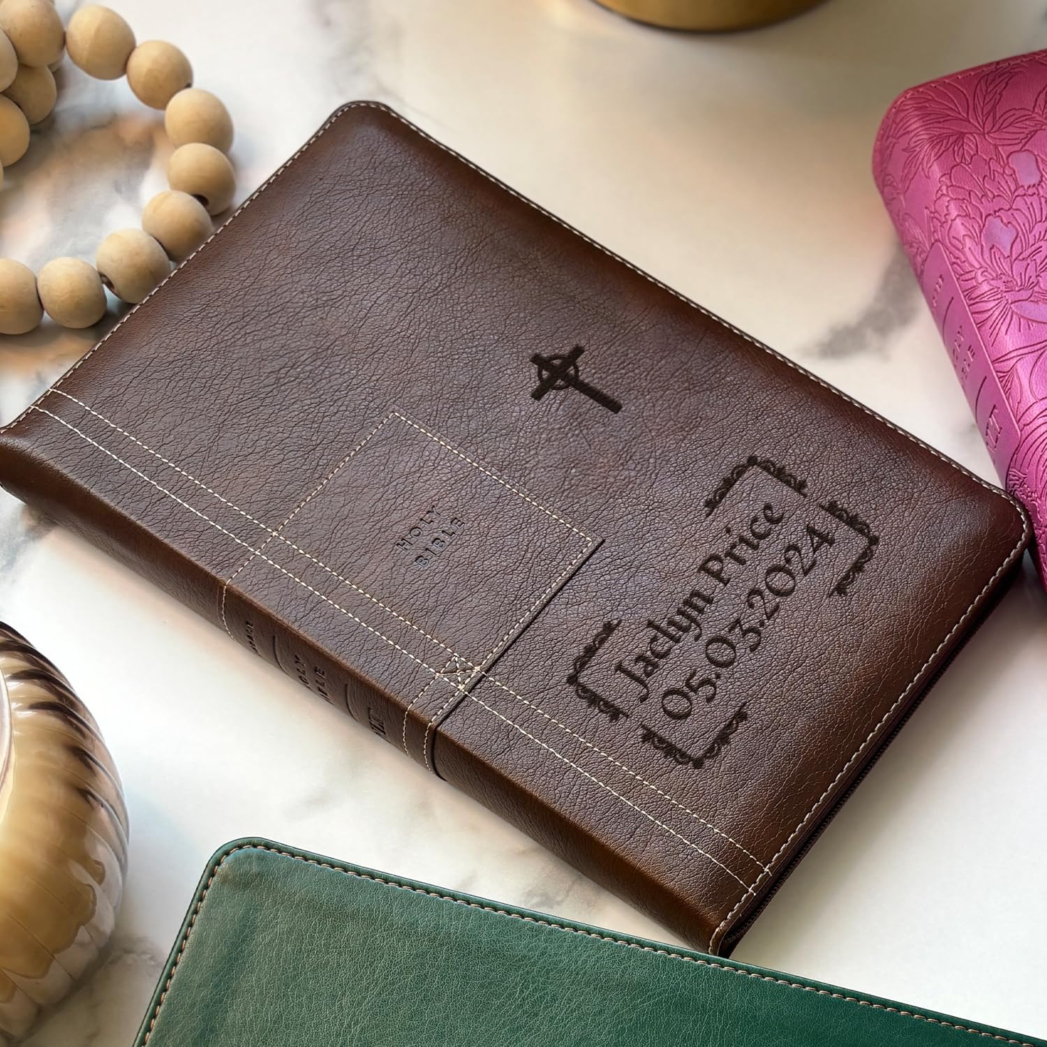 Personalized Engraved Name Bible - NLT New Living Translation Version, Peony Pink Faux Leather Cover, Giant Print Personal Size - Perfect Gift for Baptism, Confirmation, or Daily Devotion