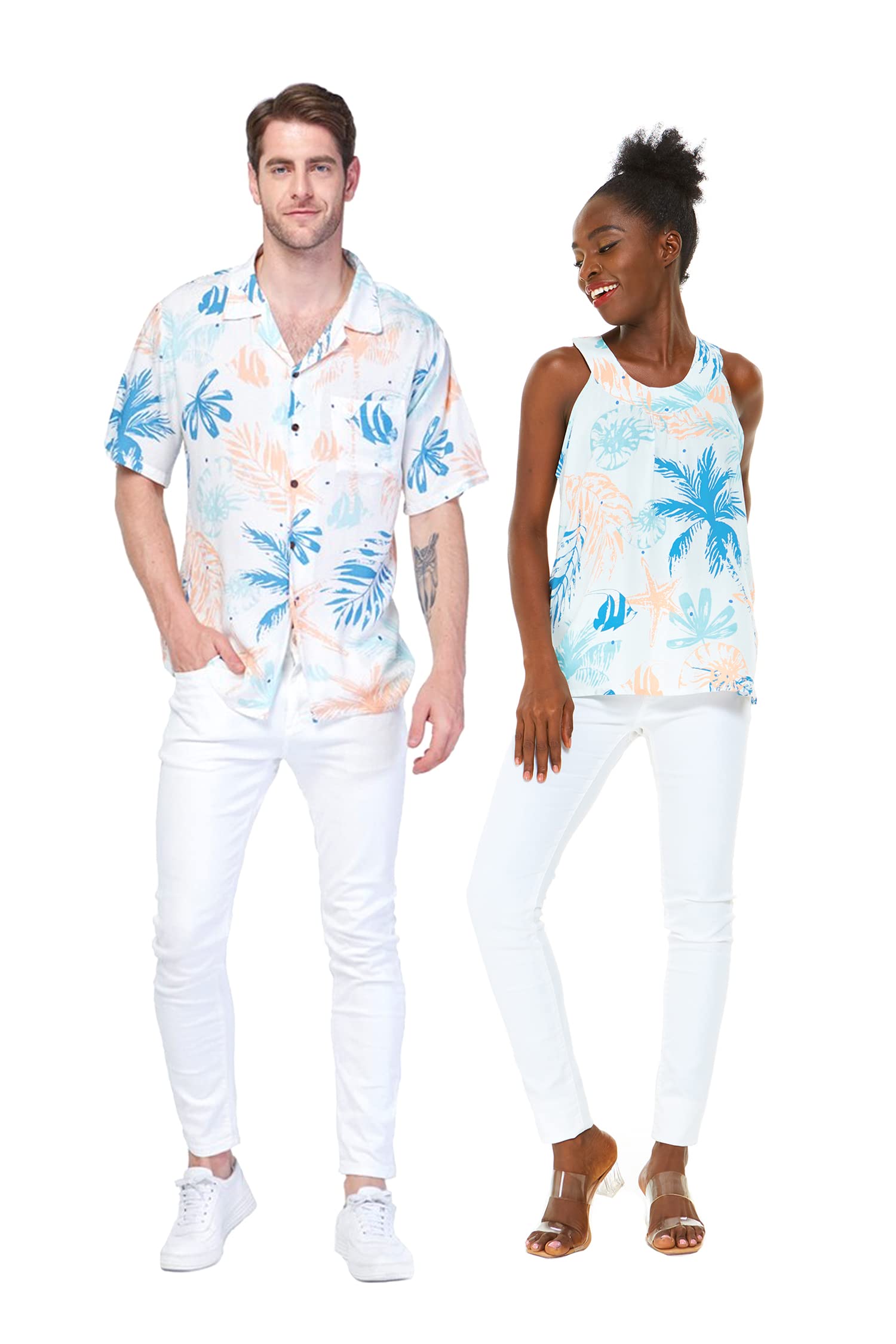 **Hawaiian Luau Shirts for Couples - Matching Sandy Beach White Aloha Shirt & Tank Top Set - Perfect for Beach Vacations, Summer Parties & Tropical Getaways**