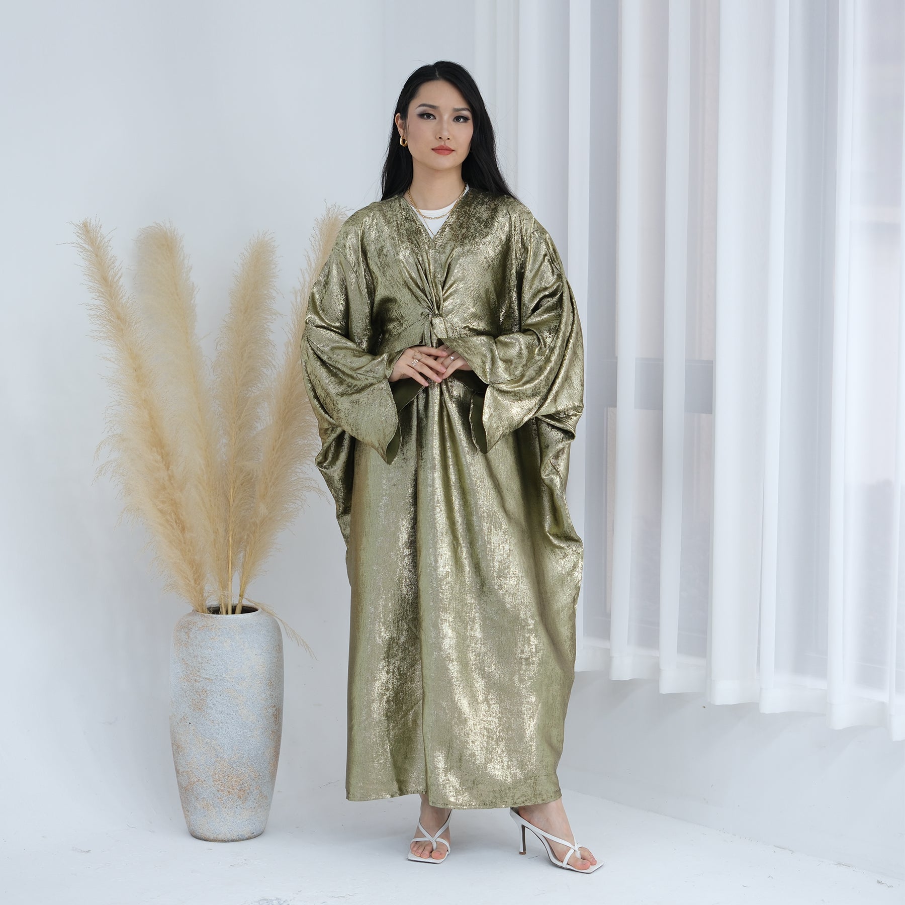 Elegant Florence Knot Shimmer Abaya Dress - Olive Green Islamic Prayer Gown for Women | Perfect for Eid, Mosque, and Special Occasions