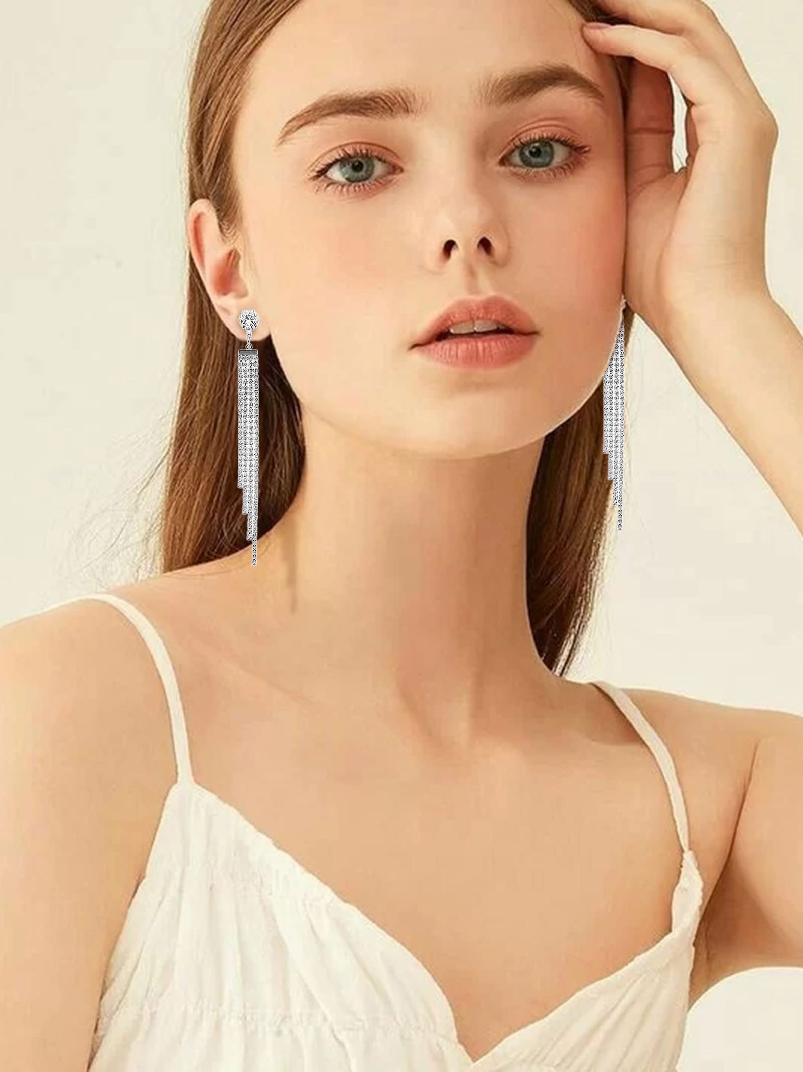Sparkly Rhinestone Bow Dangle Earrings for Women - Trendy Silver Crystal Long Tassel Earrings | Perfect Christmas Gifts 2024 | Elegant for Parties, Weddings & Special Occasions