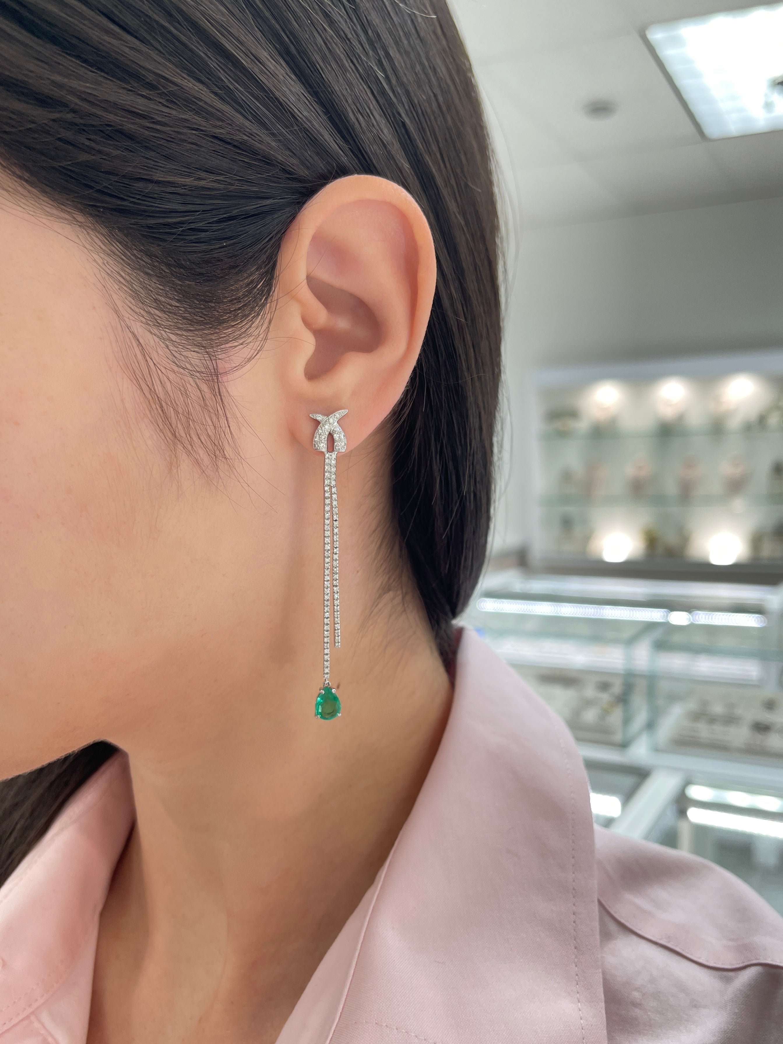 2.58tcw Natural Emerald and Diamond Teardrop Chandelier Earrings in 18K White Gold | Elegant Jewelry for Weddings, Parties & Special Occasions